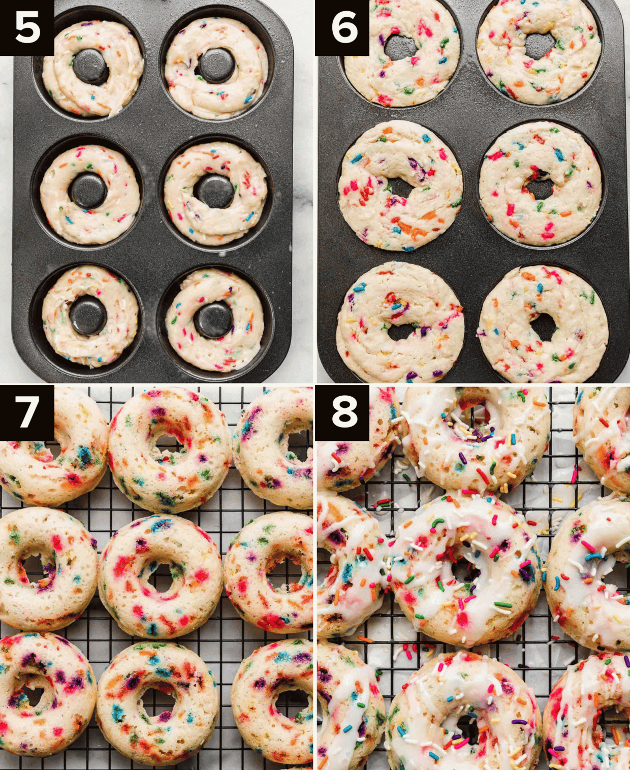 Four images, top left is funfetti donut batter in donut pan, top right is baked funfetti donuts in a donut pan, bottom left is sprinkle donuts on a cooling rack, bottom right is glaze covered funfetti donuts.