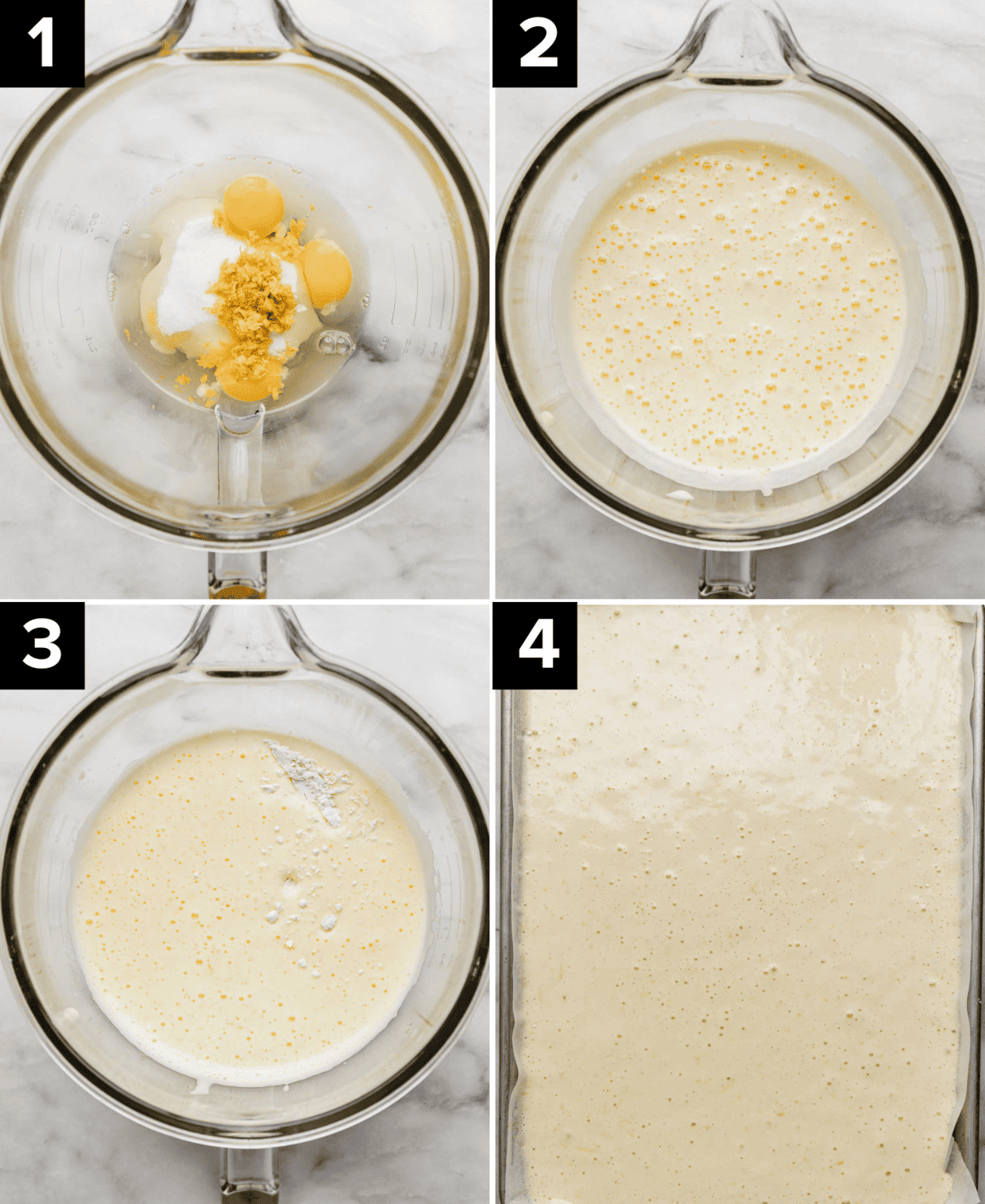 Four images showing how to make Lemon Swiss Roll batter, top left image is glass bowl with eggs and sugar and lemon zest in it, top right image is Lemon Swiss Roll batter in glass bowl, bottom left image is batter with flour in it, and bottom right image is baking sheet filled with Lemon Swiss Roll batter.
