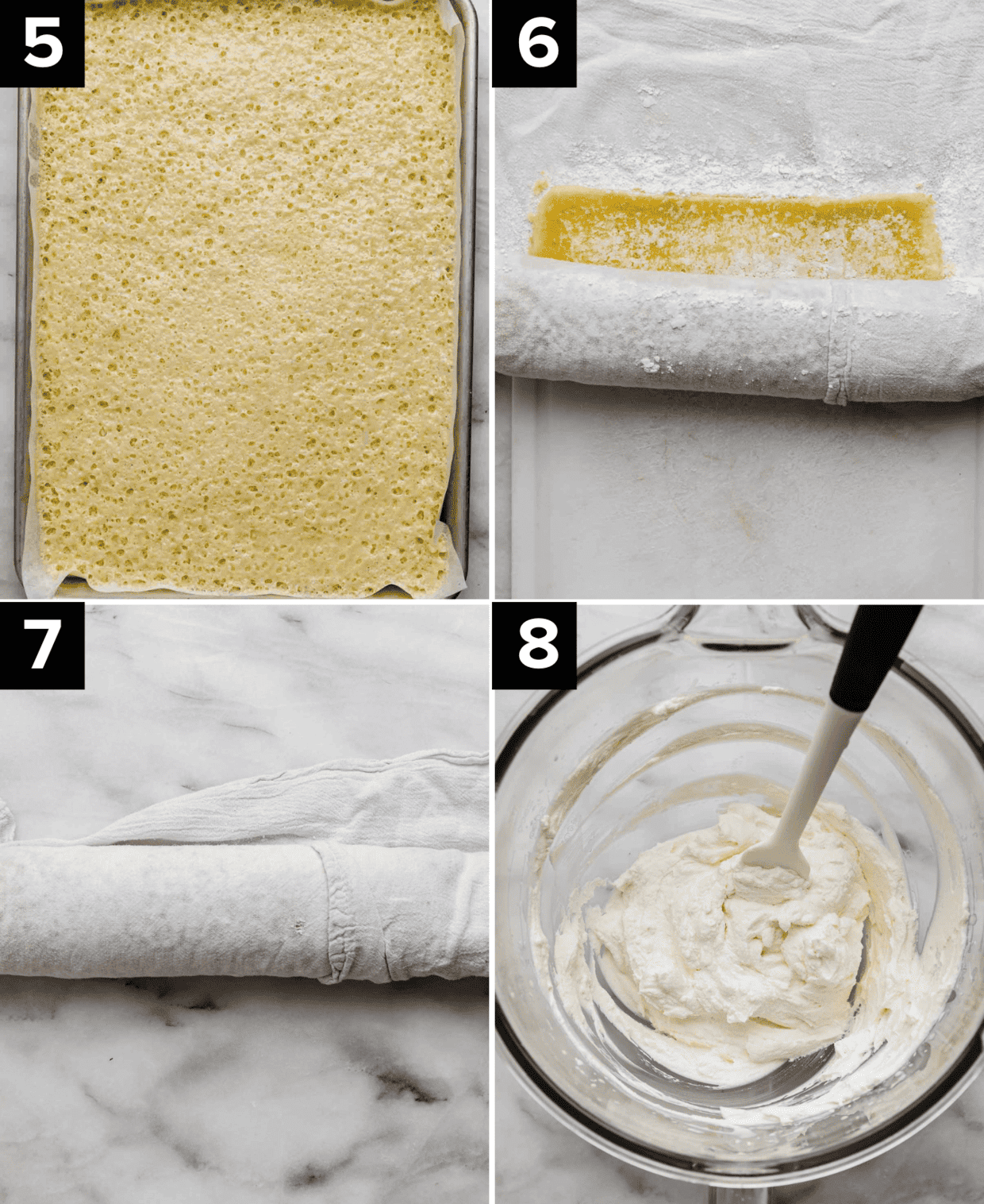 Top left image is baked lemon Swiss roll in baking sheet, top right image is lemon Swiss roll rolled in a white towel (same as bottom left image), bottom right image is mascarpone whipped cream. 
