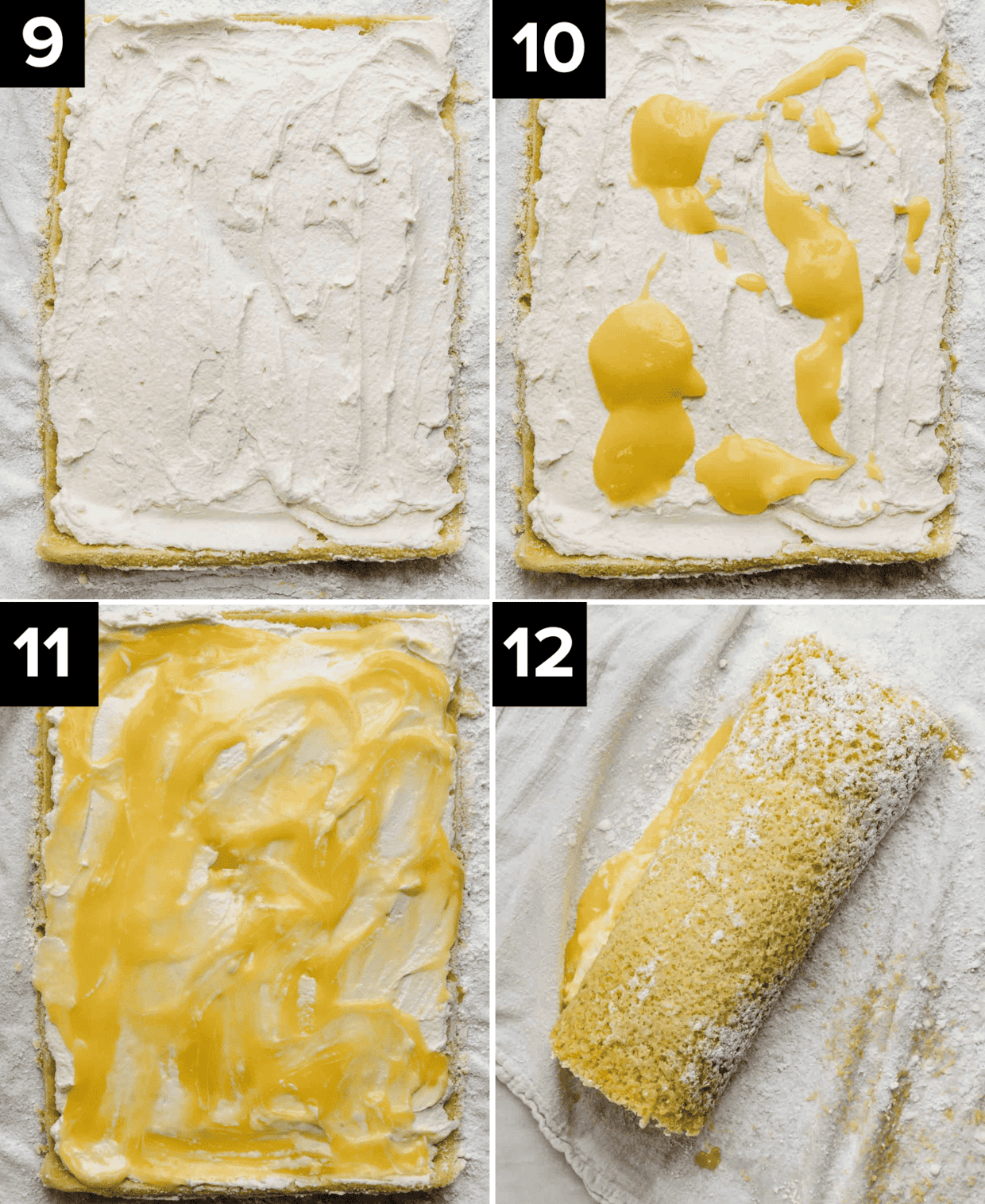 Four images showing the process or filling a yellow lemon Swiss roll with cream and fresh lemon curd.