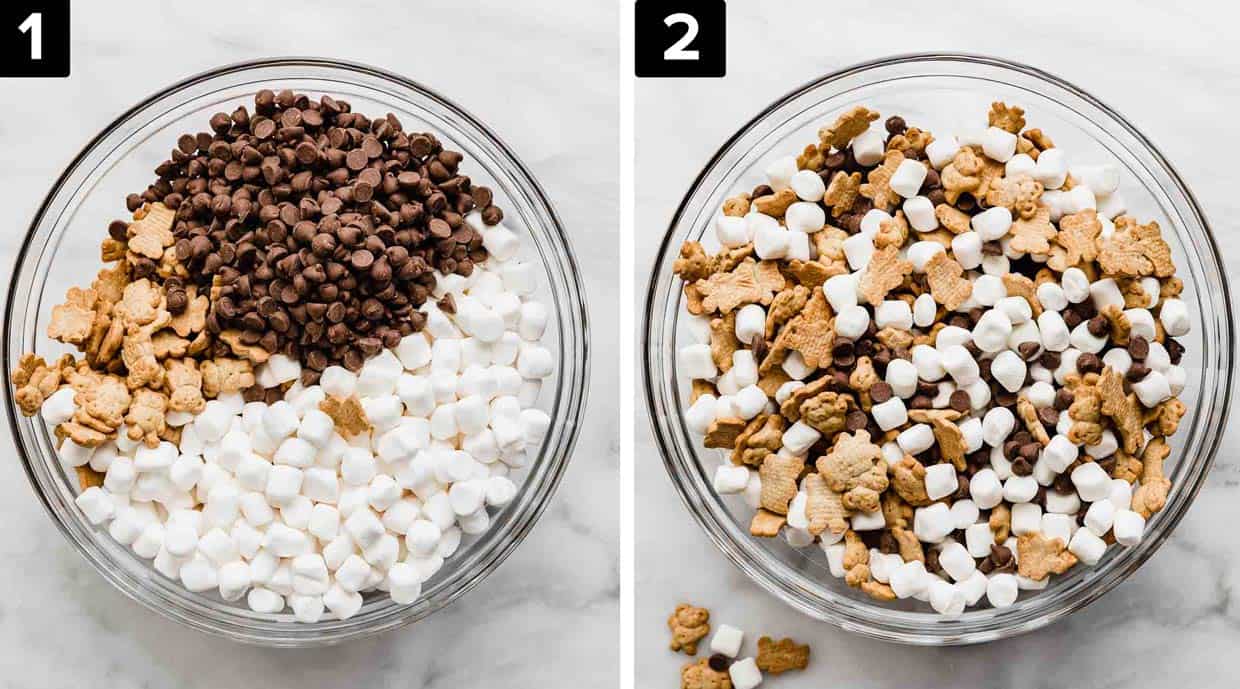 Two images showing how to make an easy s'mores snack, left image is a large bowl filled with milk chocolate chips, mini marshmallows and Teddy grahams crackers, the right image is the same ingredients in a large bowl but the ingredients are all mixed together.