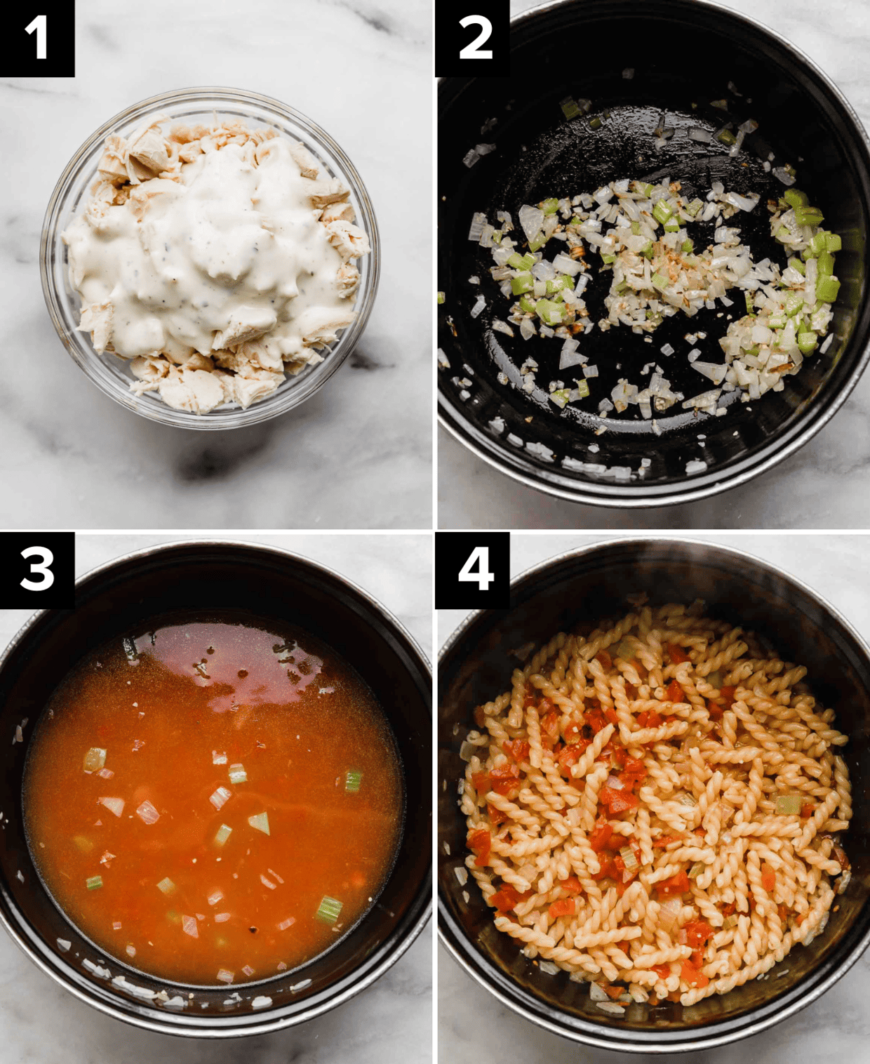 Four images showing how to make Buffalo Chicken Pasta, top left image is chicken in a glass bowl with ranch dressing overtop, top right is celery and onion in a pot, bottom left is red liquid in black pot, bottom right is cooked pasta in a pot.