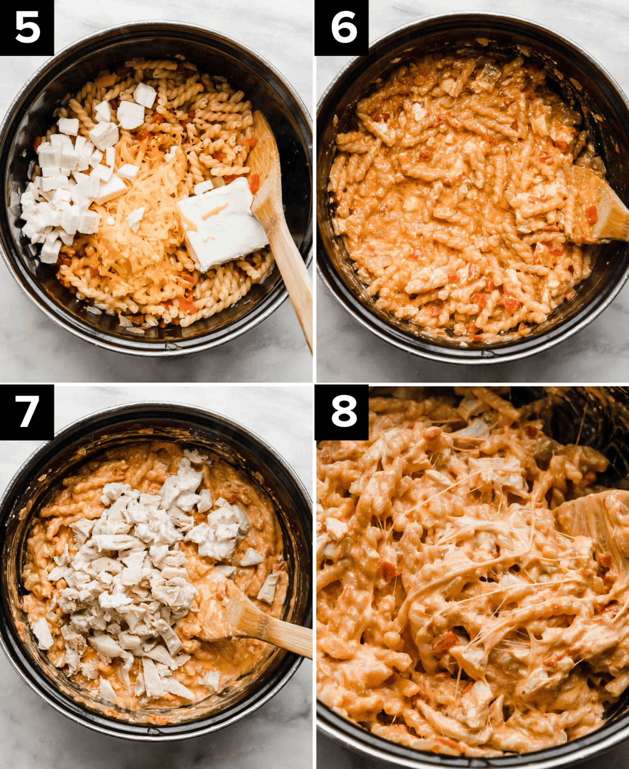 Four images showing how to make Buffalo Chicken Pasta, all images are a black pot with ingredients being added to the pot such as cream cheese, cheese, chicken, and then stirring together to combine.