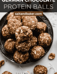 Protein balls on a silver plate with the words, "German Chocolate Protein Balls" written above the image.