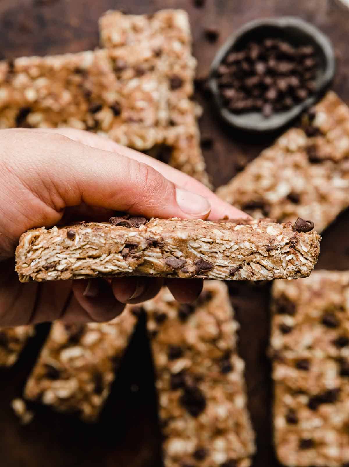 A hand holding a Chocolate Peanut Butter Protein Bar.