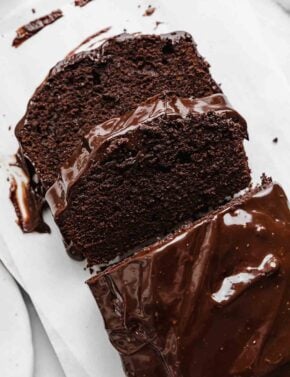 Overhead photo of a Chocolate Pound Cake cut into slices.