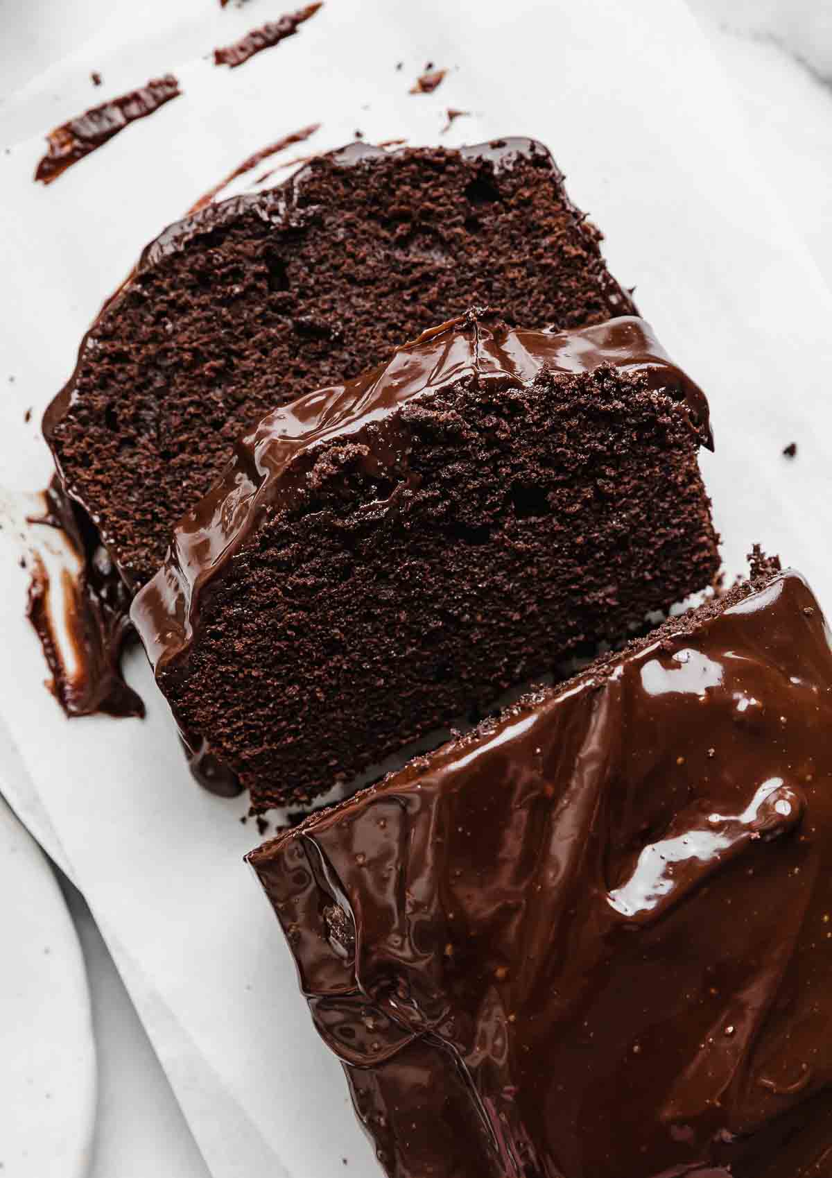 Overhead photo of a Chocolate Pound Cake cut into slices.