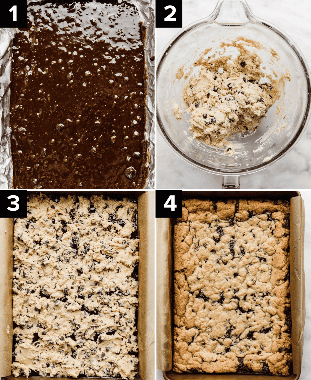 Four photos showing the process of making Brookies (brownie cookie bars), top left is brownie batter in a baking pan, top right is chocolate chip cookie dough in a glass bowl, bottom left is chocolate chip cookie dough in a baking sheet, bottom right image is baked Brookies.
