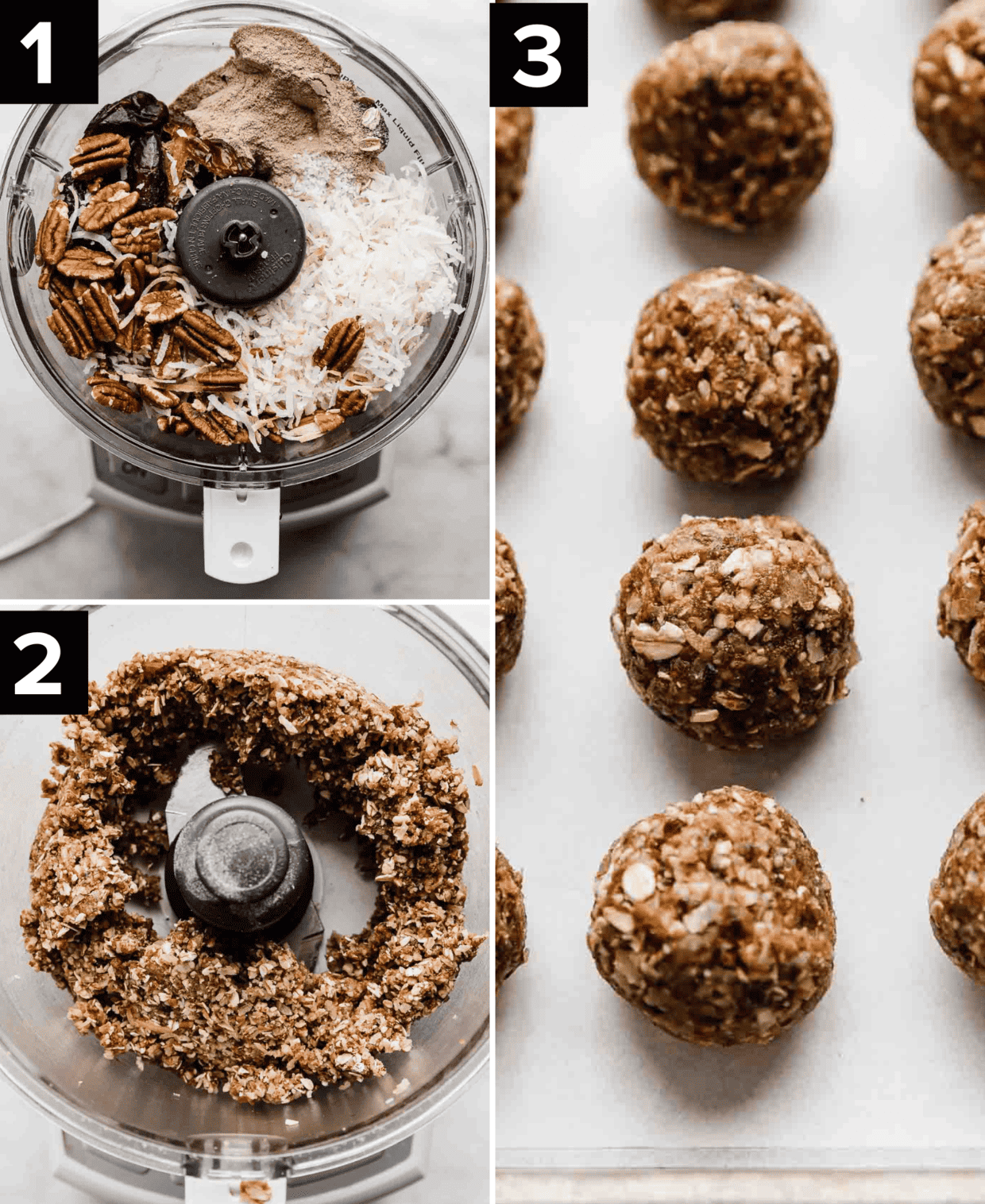 Three images showing how to make German Chocolate balls with protein powder, top left image is German Chocolate Cake Protein Ball ingredients in a food processor, bottom left is all the ingredients ground up, right image is German chocolate balls on a white background.