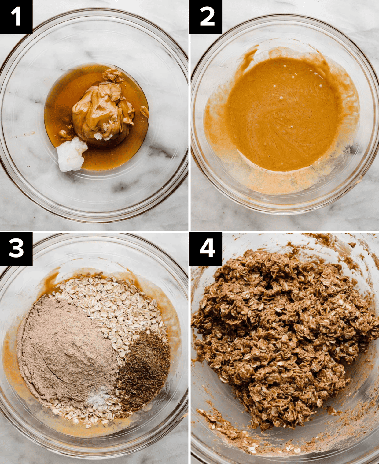 Four images showing how to make Chocolate Peanut Butter Protein Bars, top left is peanut butter, honey and coconut oil in a glass bowl, top right is melted peanut butter in a glass bowl on a white background, bottom left image is oats, chocolate protein powder, flaxseed in a glass bowl, bottom right photo is Chocolate Peanut Butter Protein bar mixture in a glass bowl.