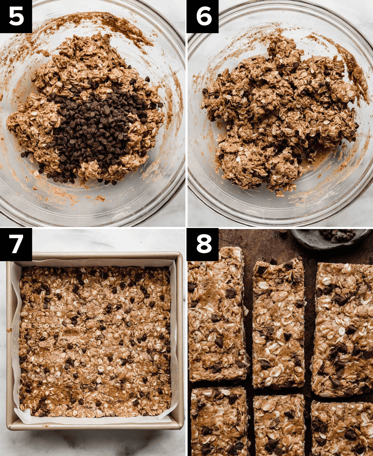 Four images, top left image is protein bar mixture in a glass bowl, top right image is glass bowl filled with mini chocolate chip peanut butter protein bars, bottom left image is a square pan filled with Chocolate Peanut Butter Protein Bars mixture, bottom right image is homemade protein bars on a brown background. 