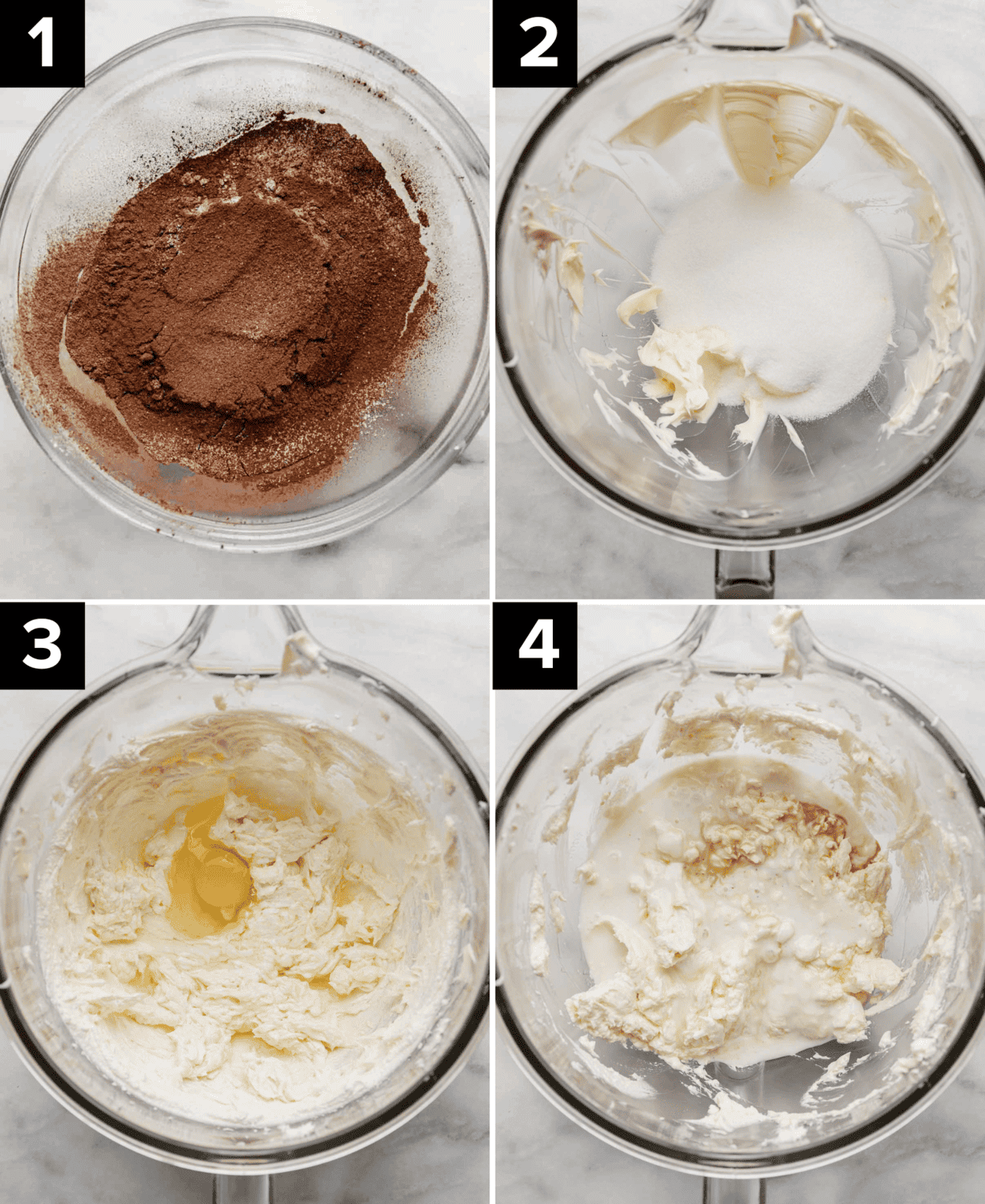 Four images showing the beginning making of the best Chocolate Pound Cake, each image is a glass bowl with varying ingredients, top left is flour and cocoa powder, top right is butter and sugar, bottom left has egg added to the batter, and bottom right has buttermilk and vanilla added.