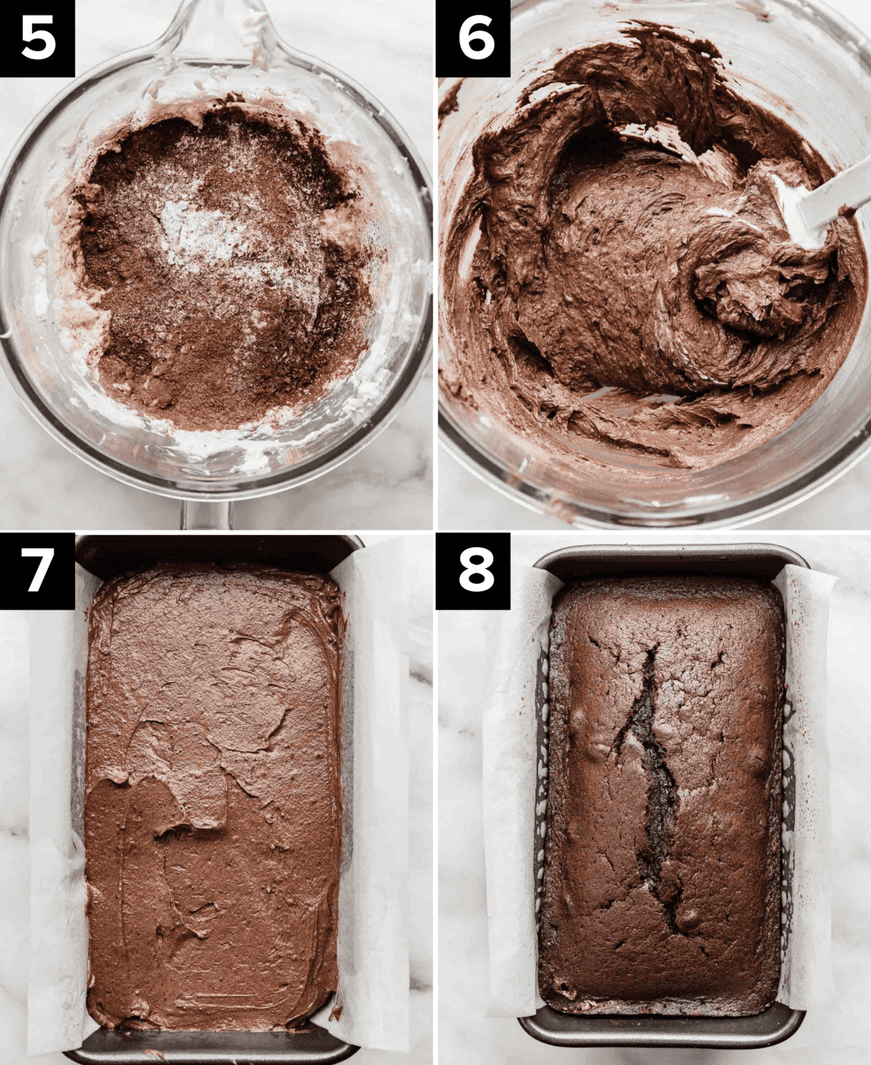 Four photos showing how to make Chocolate Pound Cake, top left is brown dry ingredients in glass bowl, top right is Chocolate Pound Cake batter in a glass bowl, bottom left is Chocolate Pound Cake batter smoothed into gray bread pan, bottom right is baked Chocolate Pound Cake in a bread pan.