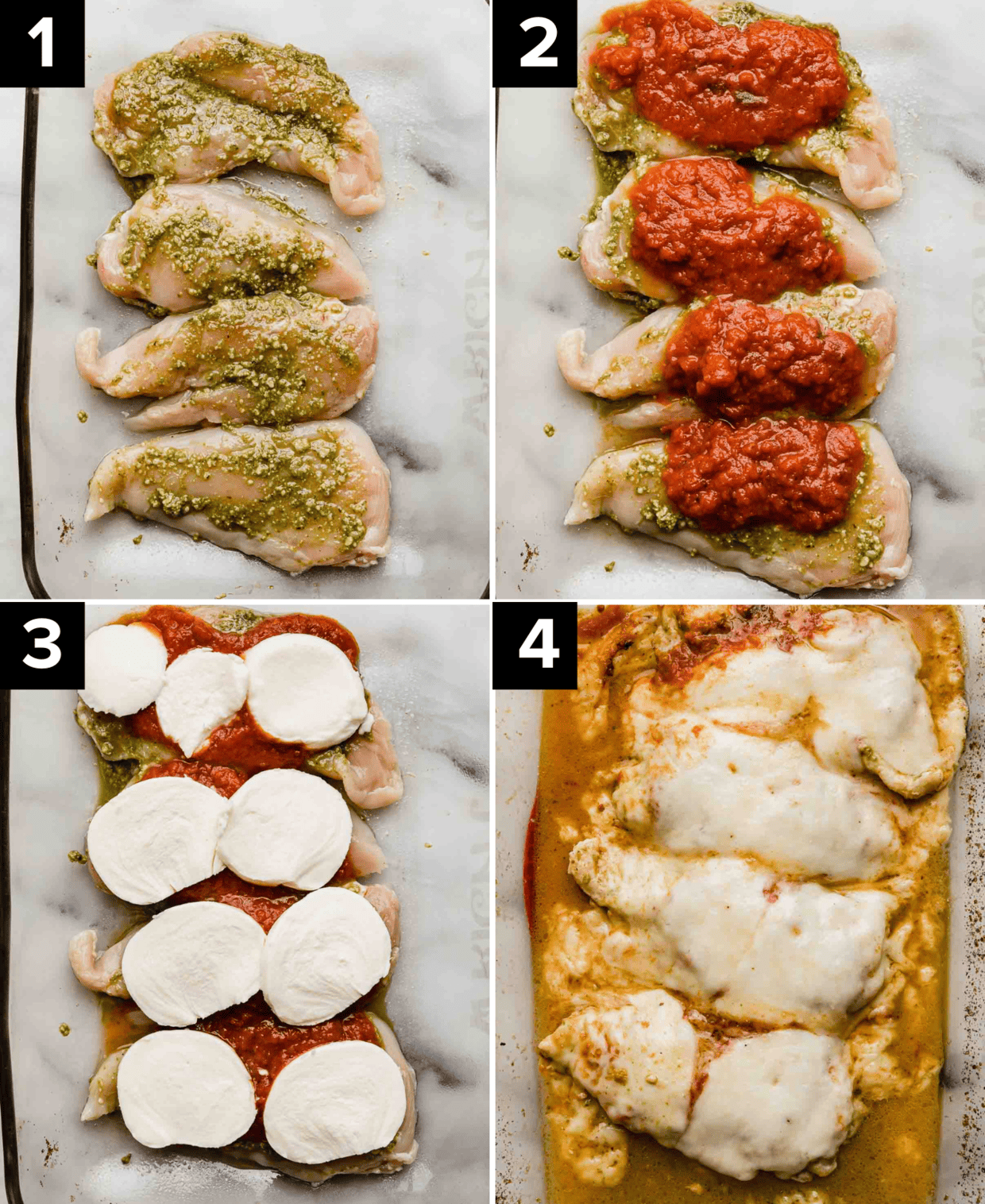 Four images showing how to make easy Pesto Chicken Parmesan in a baking dish; top left is raw chicken topped with basil pesto, top right is chicken topped with marinara, bottom left has mozzarella topped chicken, bottom right is baked Pesto Chicken Parmesan in a baking dish.