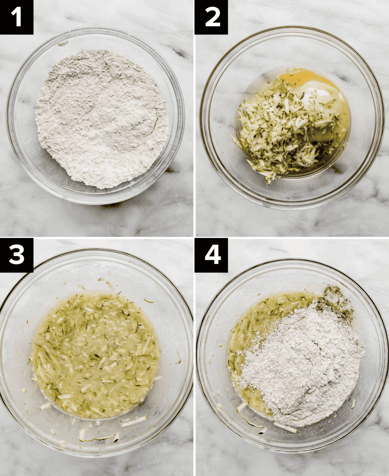 Four images, each one of a glass bowl filled with varying ingredients to make Zucchini Chocolate Chip Muffins, top left has dry ingredients, top right is shredded zucchini and wet ingredients, bottom left is wet ingredients mixed together, bottom right has flour over the wet ingredients.