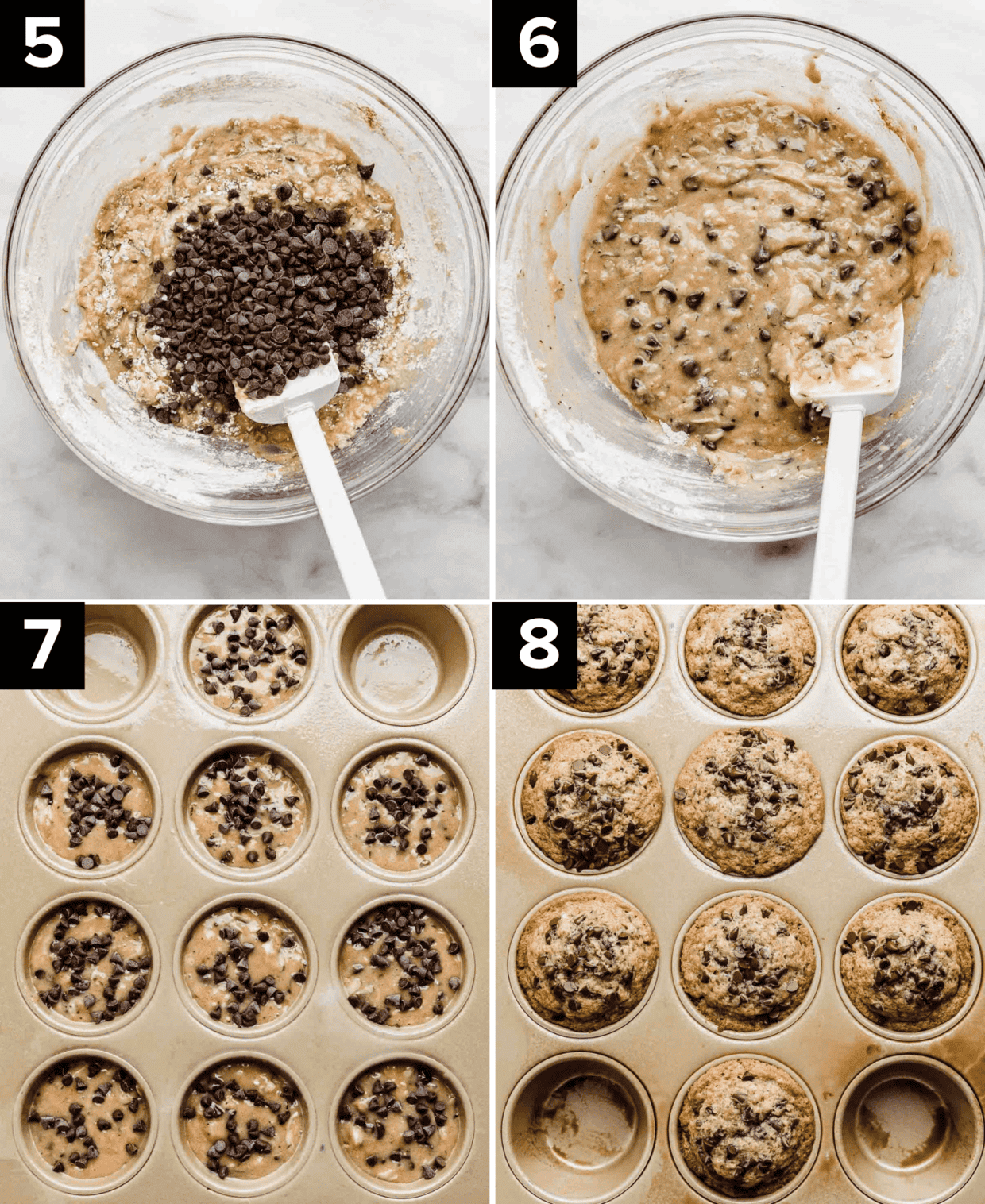 Four images showing how to make Zucchini Chocolate Chip Muffins, top left is chocolate chips in a glass bowl over zucchini muffin batter, top right image is Zucchini Chocolate Chip Muffin batter in glass bowl, bottom left image is Zucchini Chocolate Chip Muffin batter in muffin pan, bottom right image is baked Zucchini Chocolate Chip Muffins in a muffin pan.