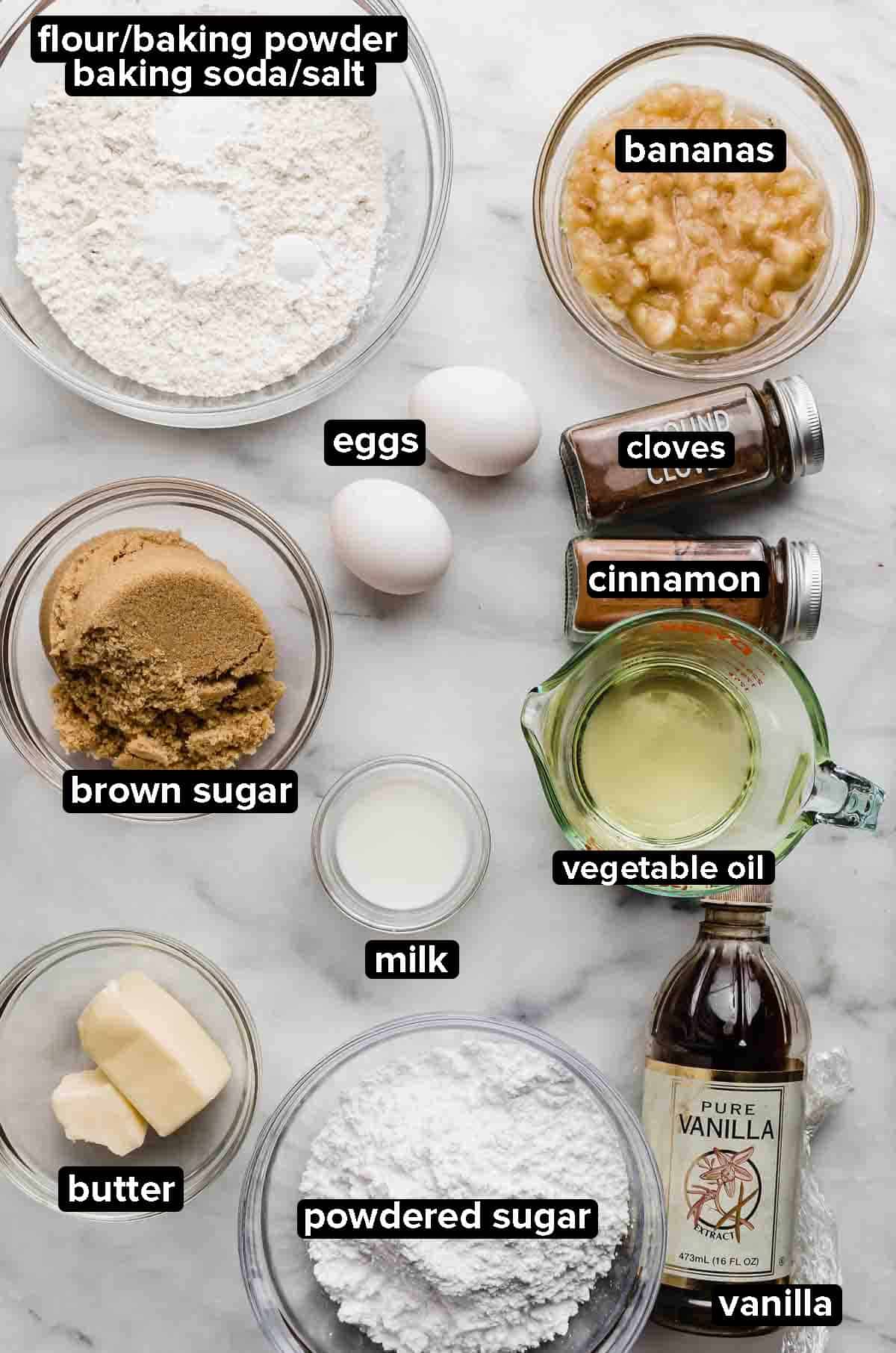 Frosted Banana Cookies ingredients in a glass bowl on a white background.