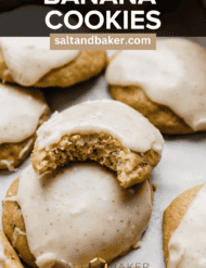 A cake like banana cookie frosted with brown butter frosting with the words, "Banana Cookies" written in white text over the image.