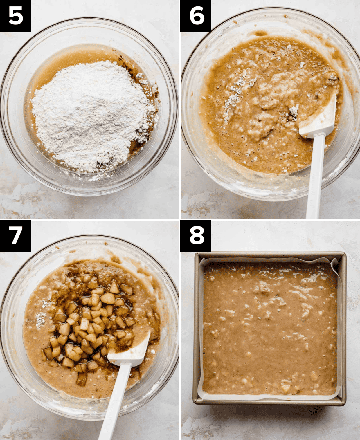 Four photos showing process of making Apple Fritter Cake, top left is glass bowl with flour in it, top right tis Apple Fritter Cake batter in glass bowl, bottom left is cooked diced apples in glass bowl, bottom right is square pan filled with Apple Fritter Cake batter.