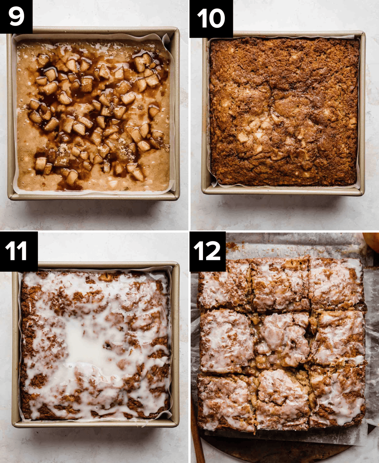 Four photos showing Apple Fritter Cake in square pan, showing the process of it being made, raw batter in pan, baked, then the Apple Fritter Cake topped with icing.