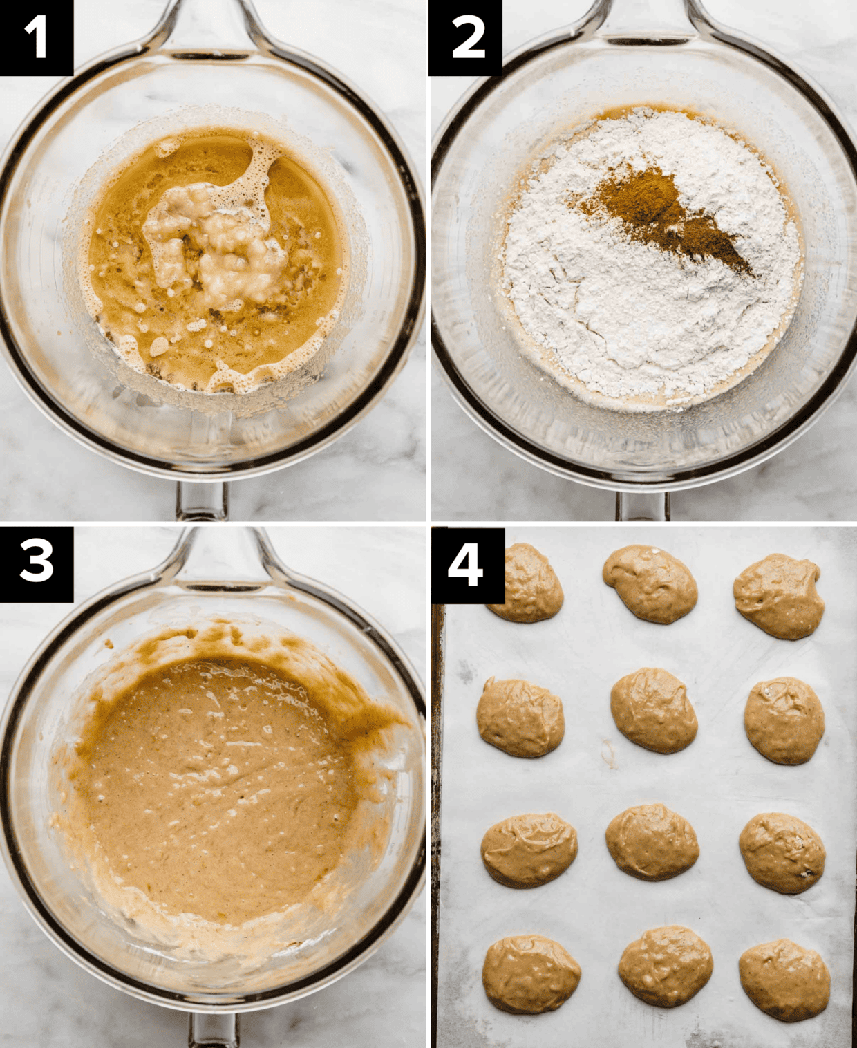 Four images showing the process of making banana cookies batter in a glass bowl.