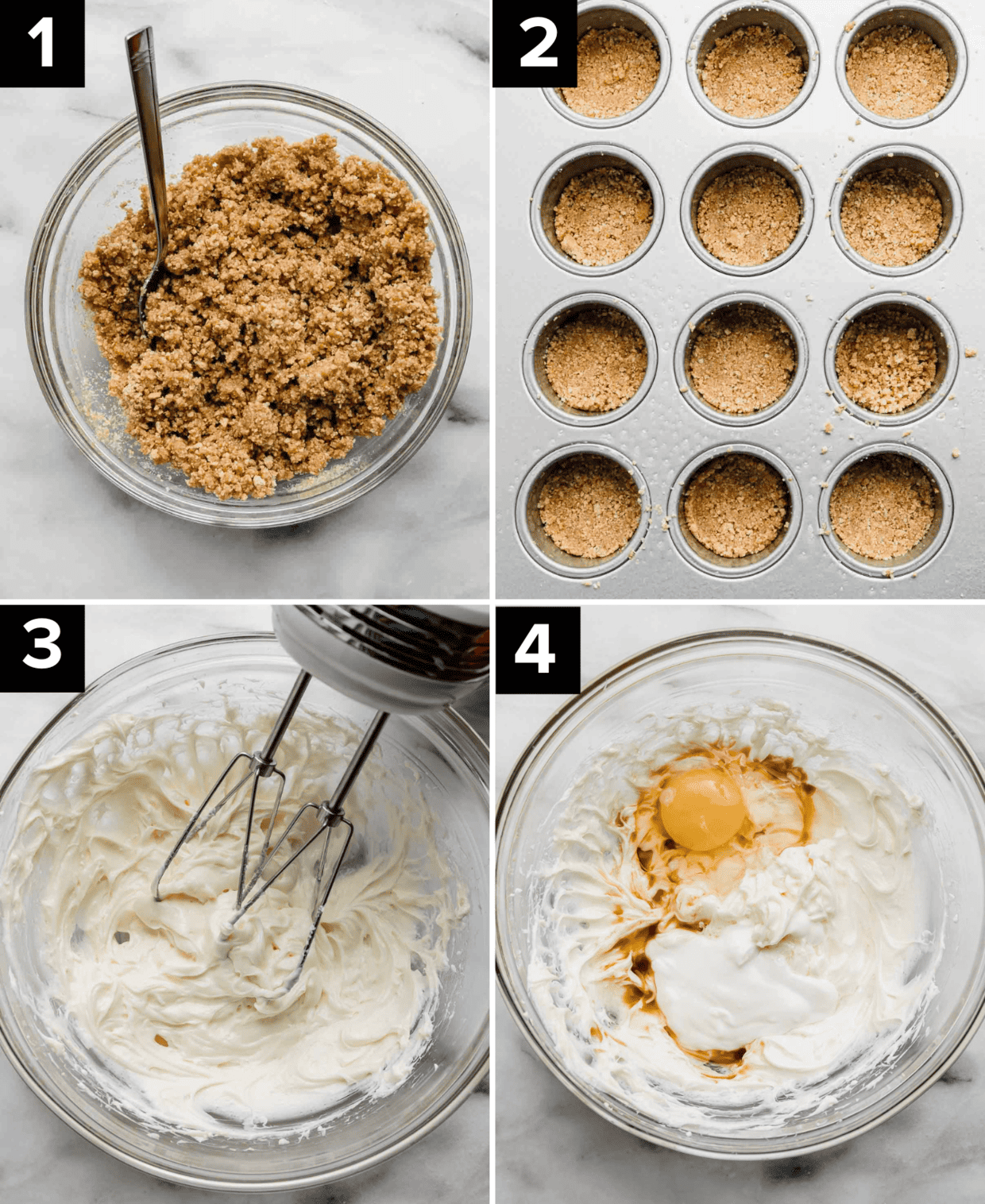 Four photos showing how to make Mini Cheesecakes crust with graham cracker crumbs and the beginning of creaming cream cheese in a glass bowl.