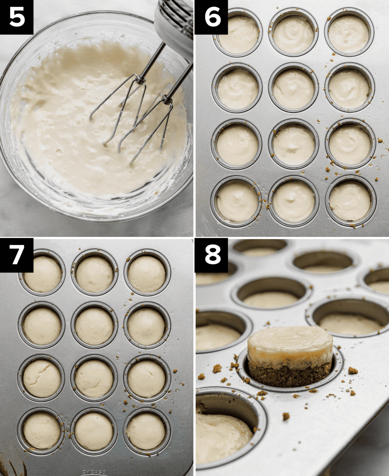 Four photos, top left image is cheesecake filling in a glass bowl, top right is unbaked Mini Cheesecakes in a cheesecake pan, bottom photo is baked Mini Cheesecakes in a mini cheesecake pan, and a hand pushing a mini cheesecake from a cheesecake pan.