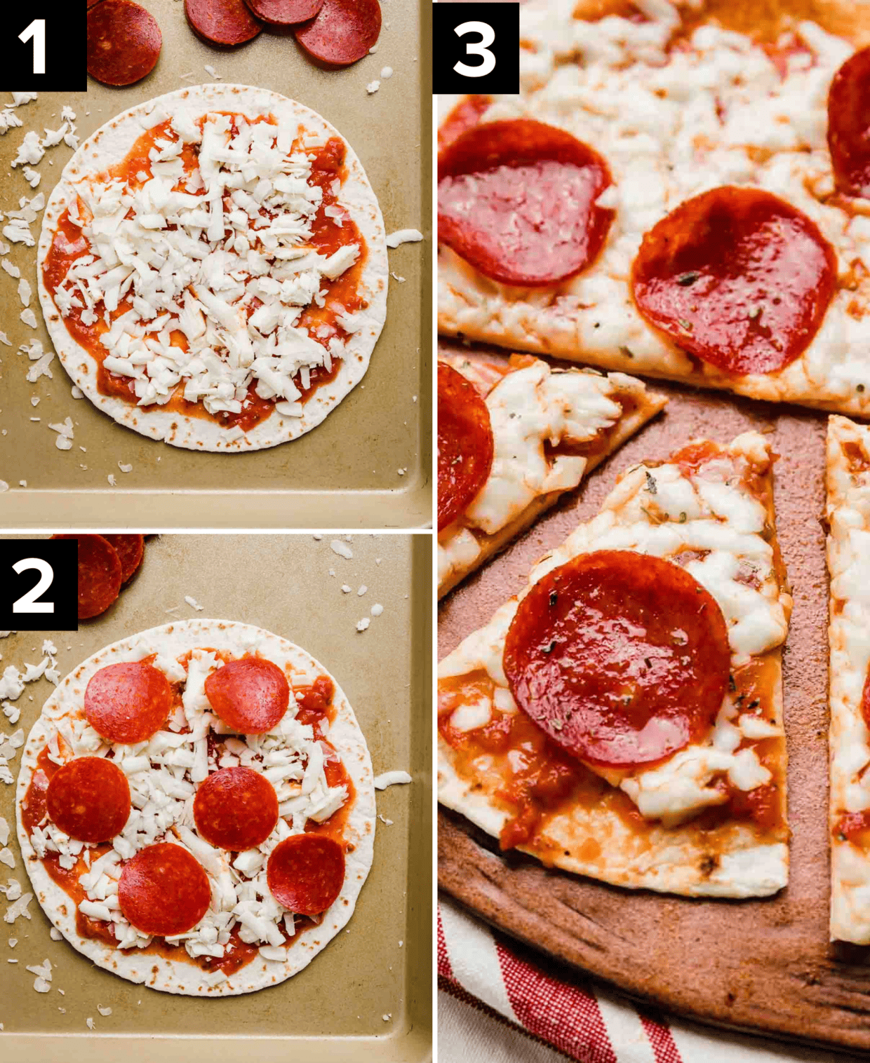 Three photos showing the process of how to make an easy tortilla pizza.