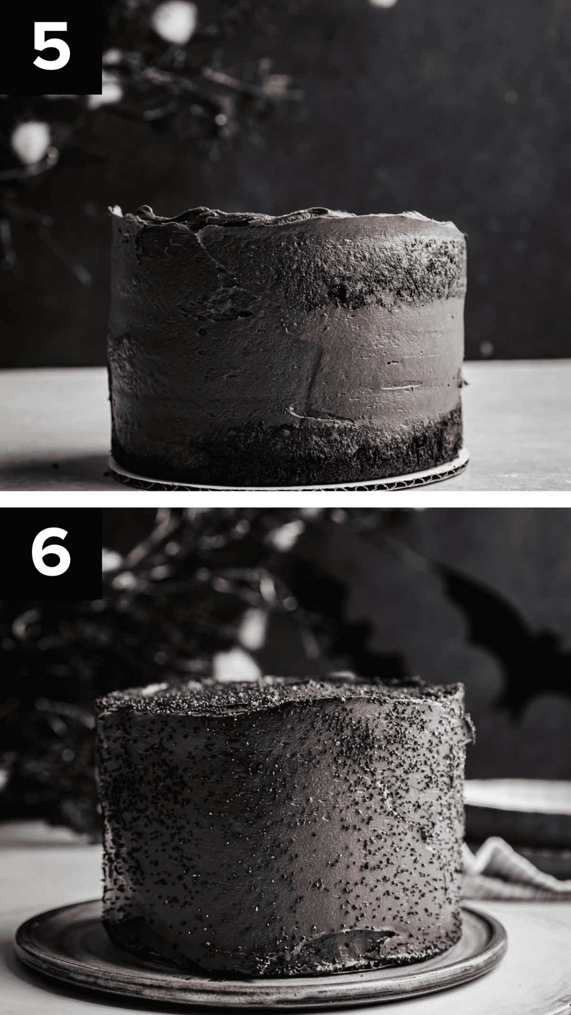 Two photos, top photo is a crumb coated Black Velvet Cake against a black background, the bottom image is a Black Velvet Cake full frosted and covered with black sugar sprinkles against a black background.