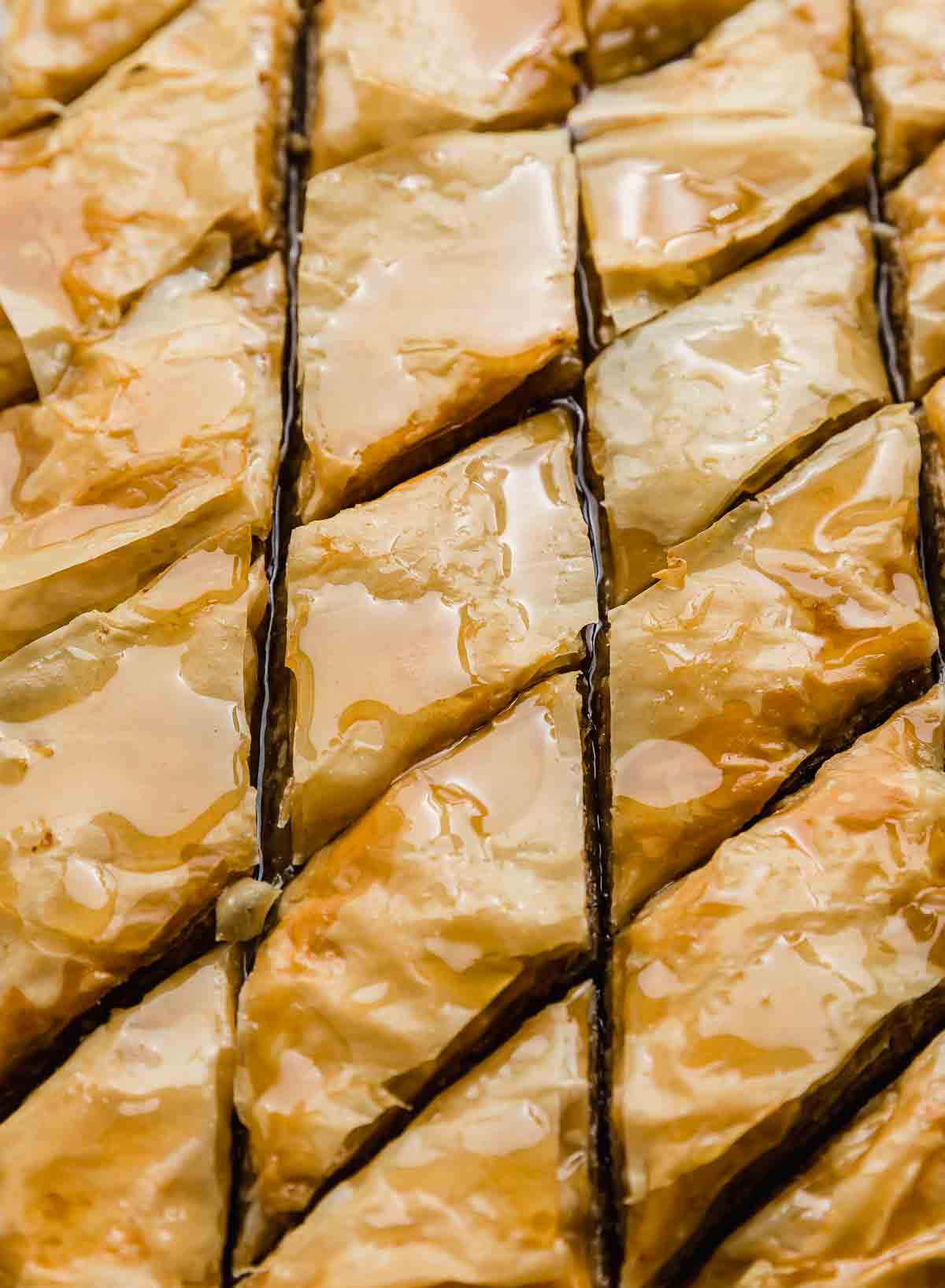 Honey syrup covered golden crispy baklava cut into diamond shapes in a pan.
