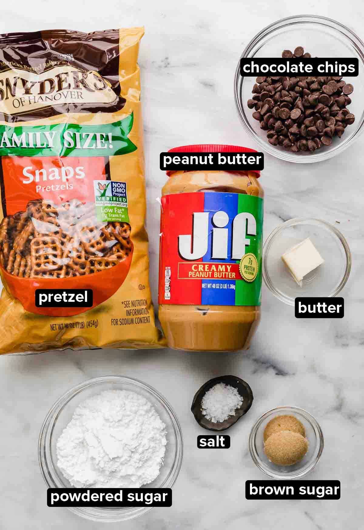 Peanut Butter Pretzel Bites ingredients on a white background.