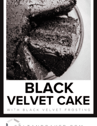 A black cake sliced, with the words, "Black Velvet Cake" written in black text below the photo.
