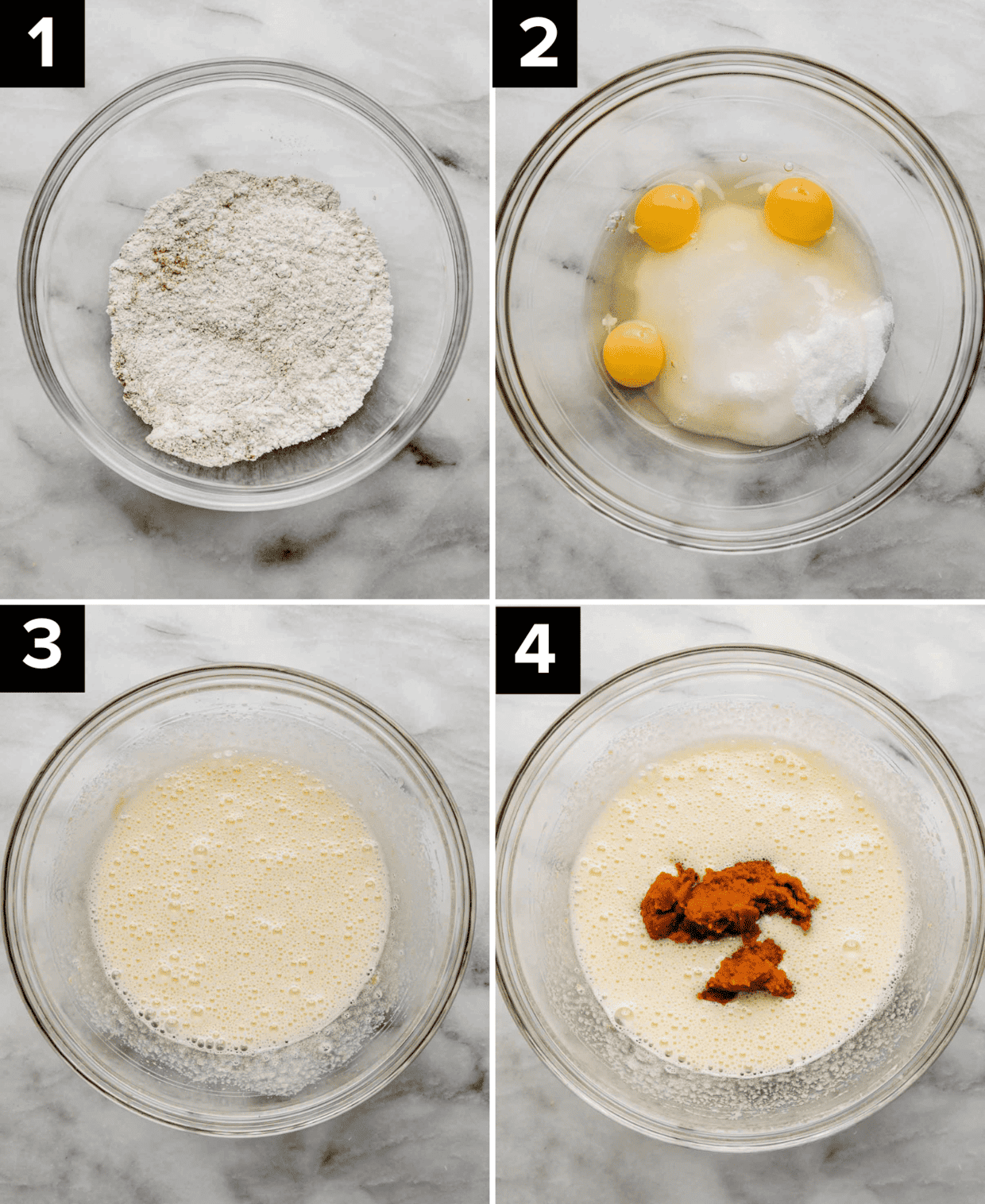 Four photos showing how to make Libby's Pumpkin Roll recipe, each photo has a glass bowl on a white background with addition of different ingredients in each photo, top left has flour, top right eggs and sugar, bottom left is yellow mixture, bottom right pumpkin puree added to bowl.