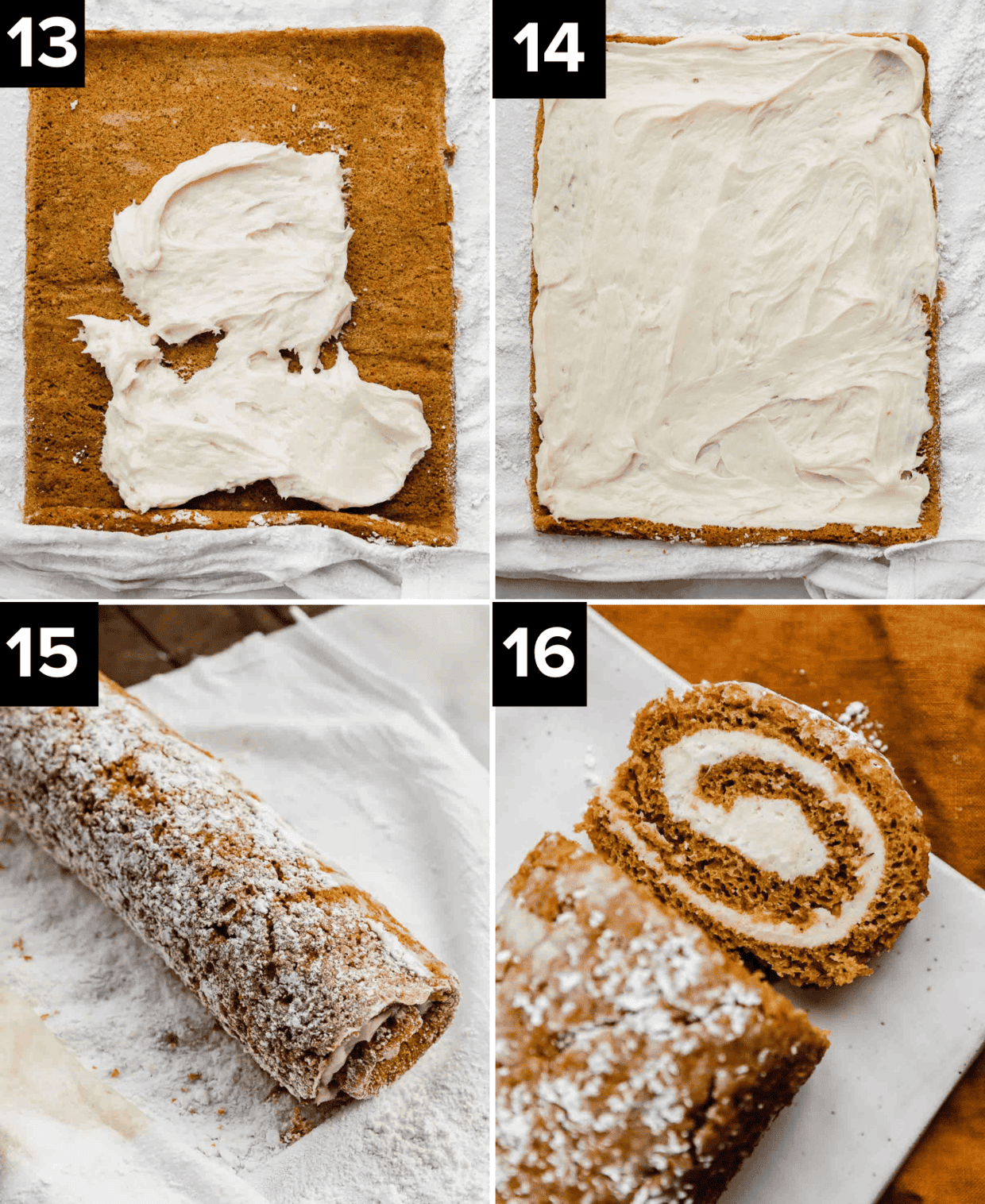 Four images showing how to make Libby's Pumpkin Roll with cream cheese filling spread over the cake, then rolled up and dusted with powdered sugar.