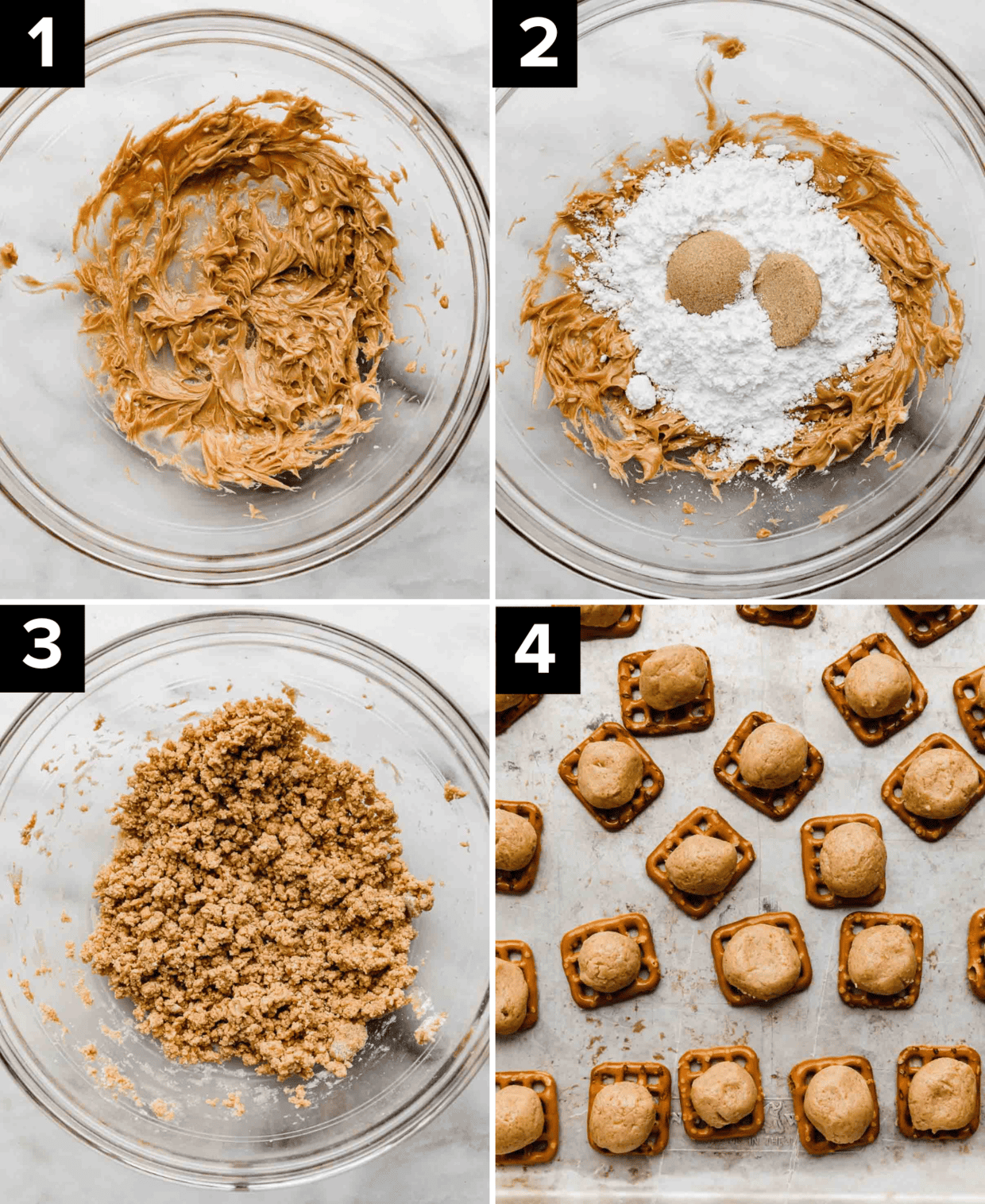 Four images showing the making of the peanut butter filling for Peanut Butter Pretzel Bites.