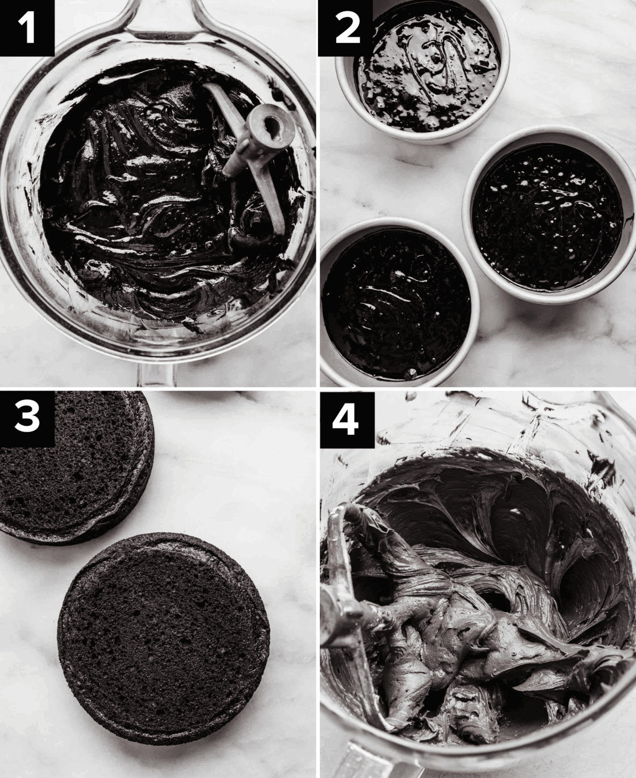 Four photos showing the process of how to make Black Velvet Cake batter.