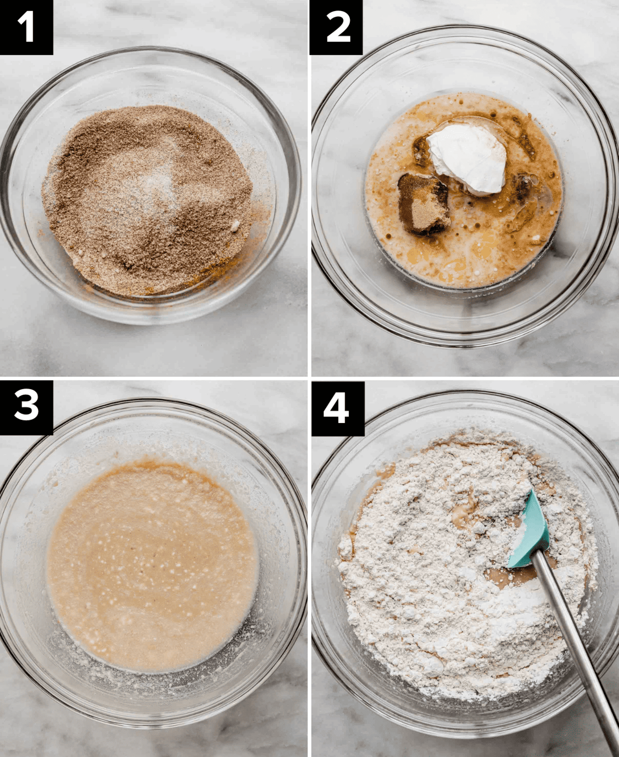 Four photos featuring a glass bowl with the addition of wet and dry ingredients into the bowl, to make a Cinnamon Swirl Bread batter.