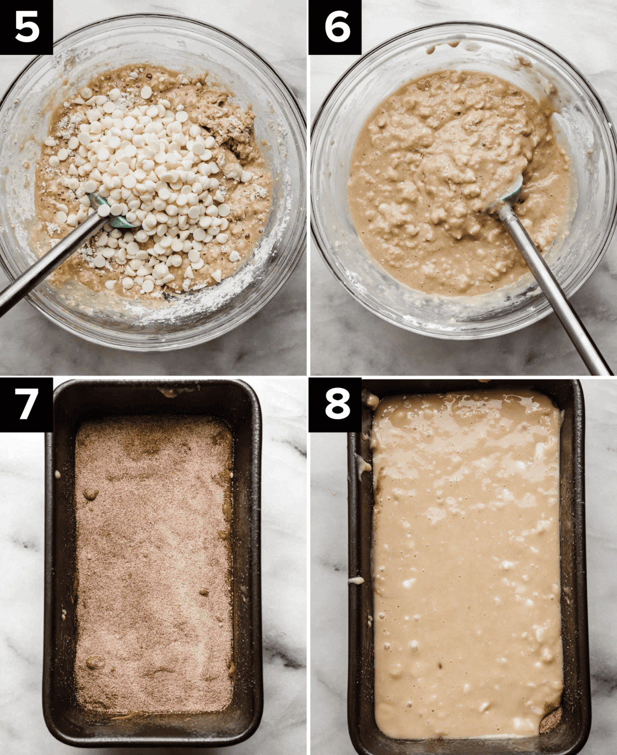 Cinnamon Swirl Bread batter in a glass bowl with white chocolate chips (top 2 photos), bottom two photos are a bread pan with the batter in it and cinnamon sugar sprinkled overtop. 