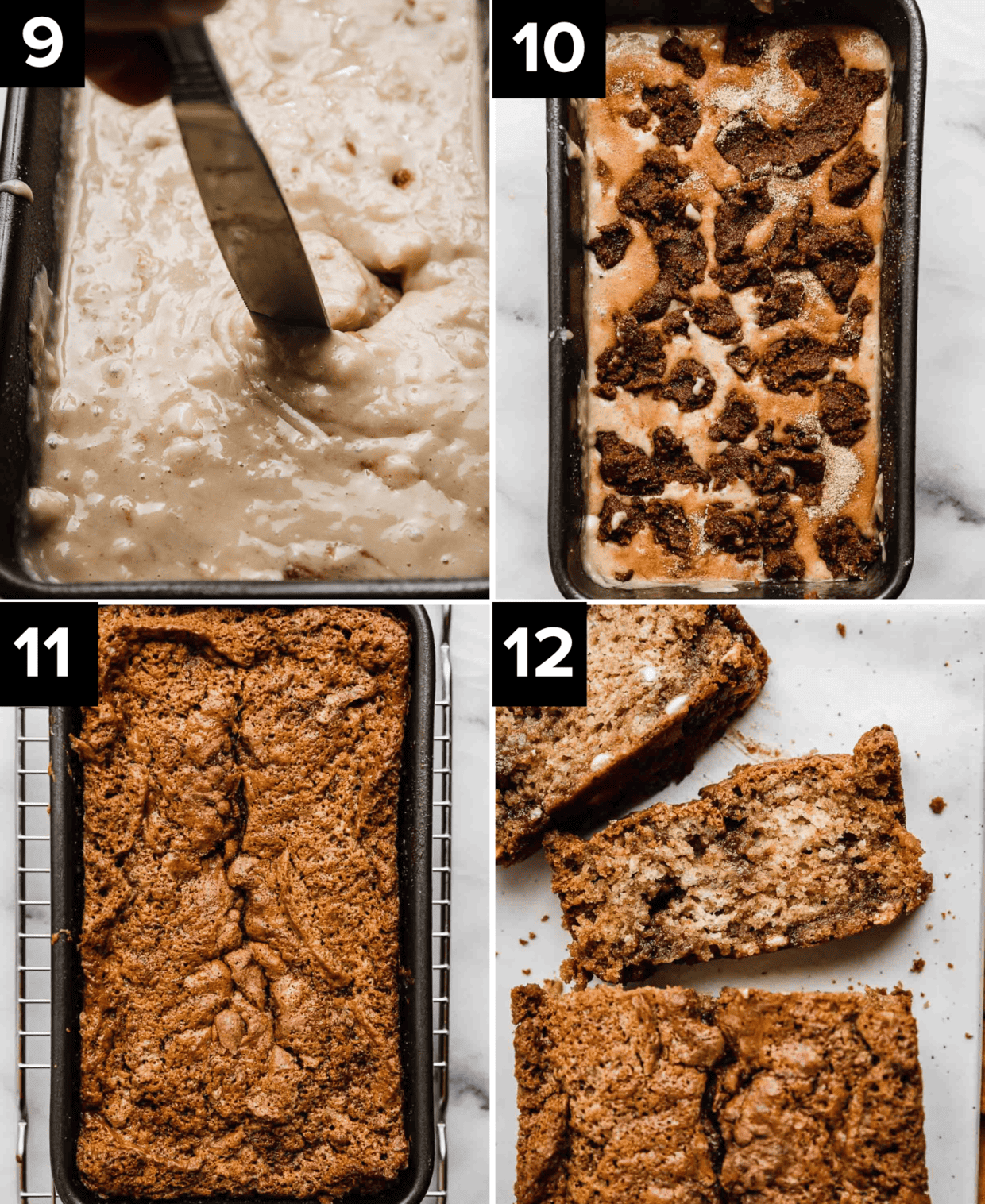 A knife sliding through Cinnamon Swirl Bread batter, (top right image) shows cinnamon sugar clusters dispersed over the batter, bottom image is baked Cinnamon Swirl Bread in a pan, bottom right image is sliced Cinnamon Swirl Bread.