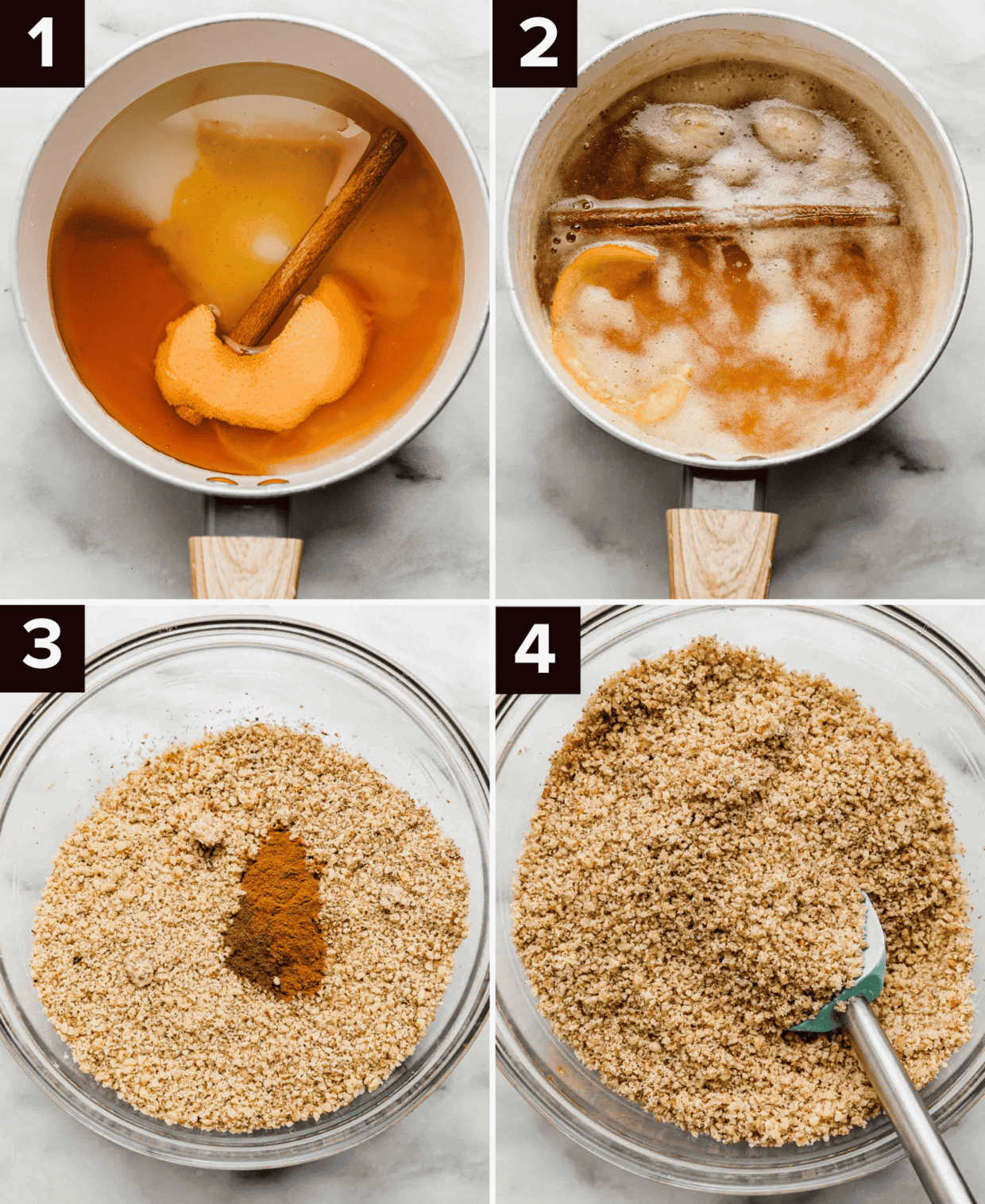 Four photos showing the beginning process of making Greek Baklava, top left photo is white pot with honey, sugar, orange peel and cinnamon stick in it, top right photo is the liquid boiling; bottom left: glass bowl with crushed walnuts in it and ground spices, bottom right photo is glass bowl with ground walnuts in it.