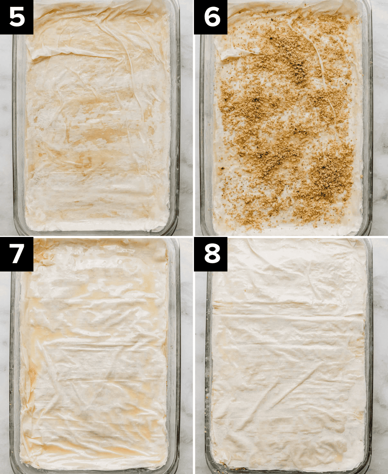 Process of how to make Greek Baklava, top left image is phyllo dough in rectangle pan, top right image shows small amount of ground walnuts over phyllo dough, bottom left and right image both show phyllo dough in a rectangle pan.