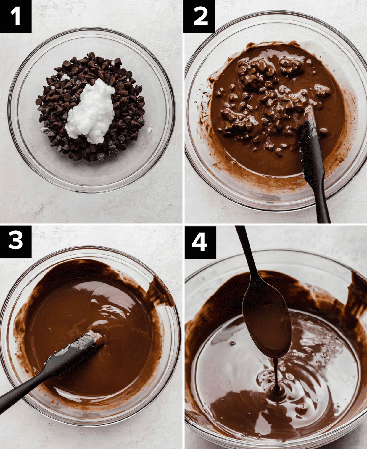 Four photos showing semi sweet chocolate chips in a glass bowl and the succession of them being melted.