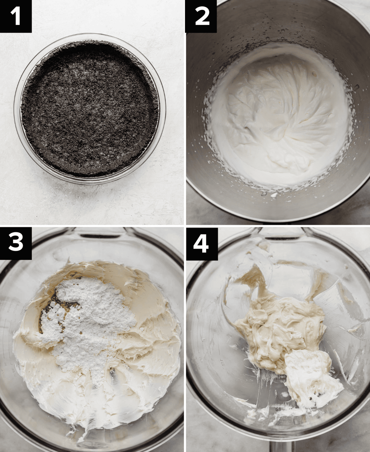 Four pictures showing the process of how to make Oreo pie (Cookies and Cream Pie), top left photo is Oreo pie crust on a white background, top right is whipped cream in a metal bowl, bottom left and right photo is cream cheese mixture in a glass bowl.