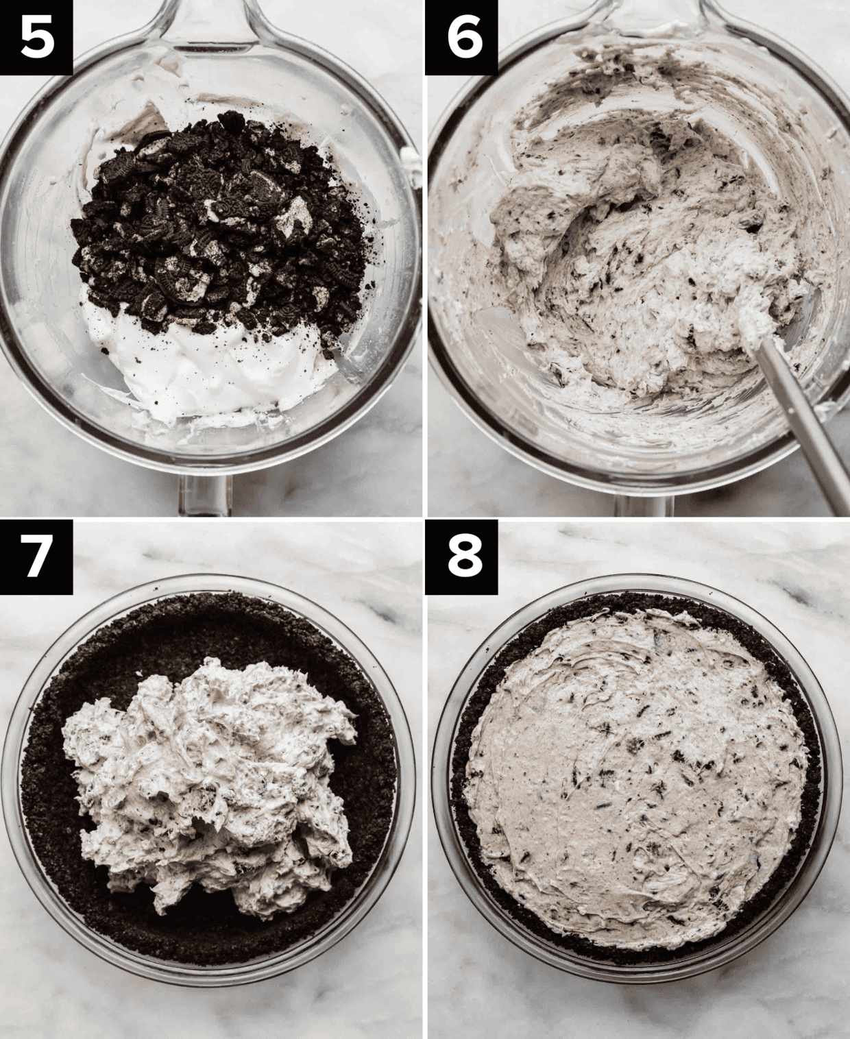 Top left photo is chopped Oreos in a glass bowl with Oreo pie filling, top right image is Oreo pie filling in a glass bowl, bottom left is Oreo pie crust with large dollop of white and gray pie filling in the crust, Cookies and Cream Pie on a white background.