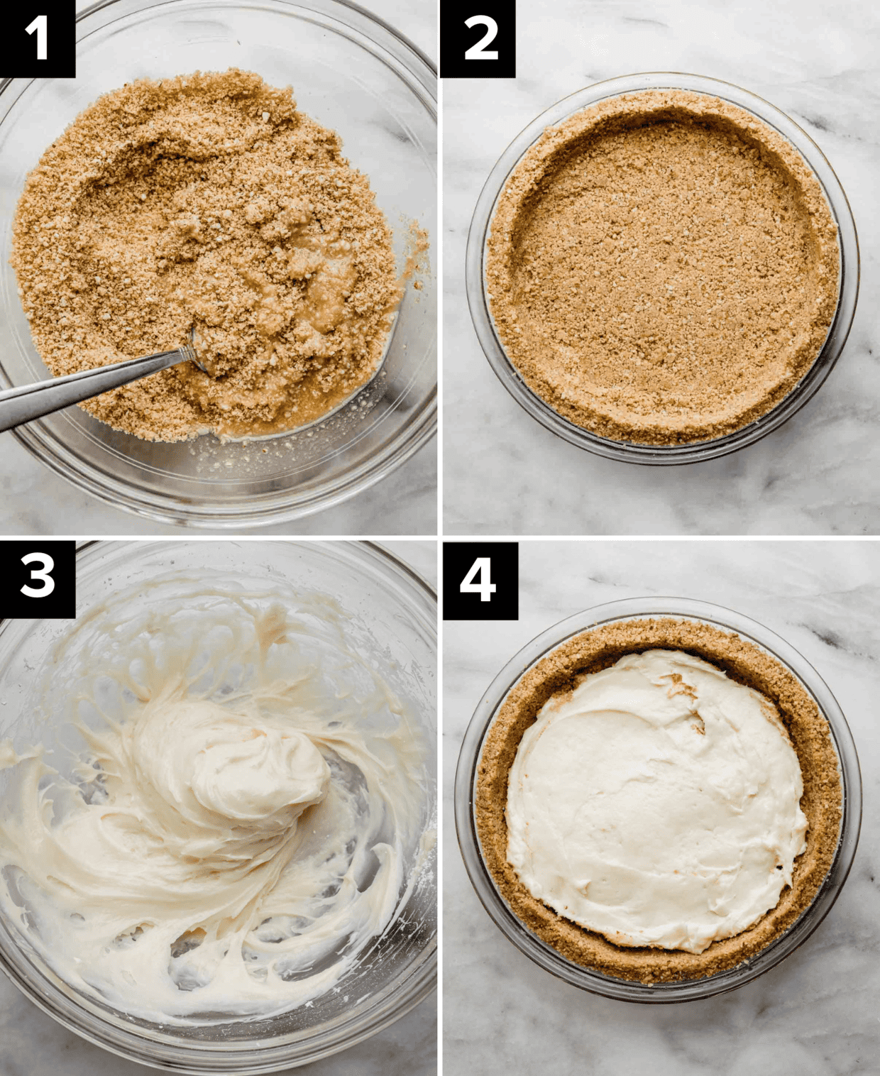 Four images showing how to make the beginnings of a Possum Pie; TL photo is crushed shortbread and pecans in bowl, TR image is a shortbread pecan pie crust, BL image is cream cheese mixture in glass bowl, BR image is cream cheese layer in a pie crust.