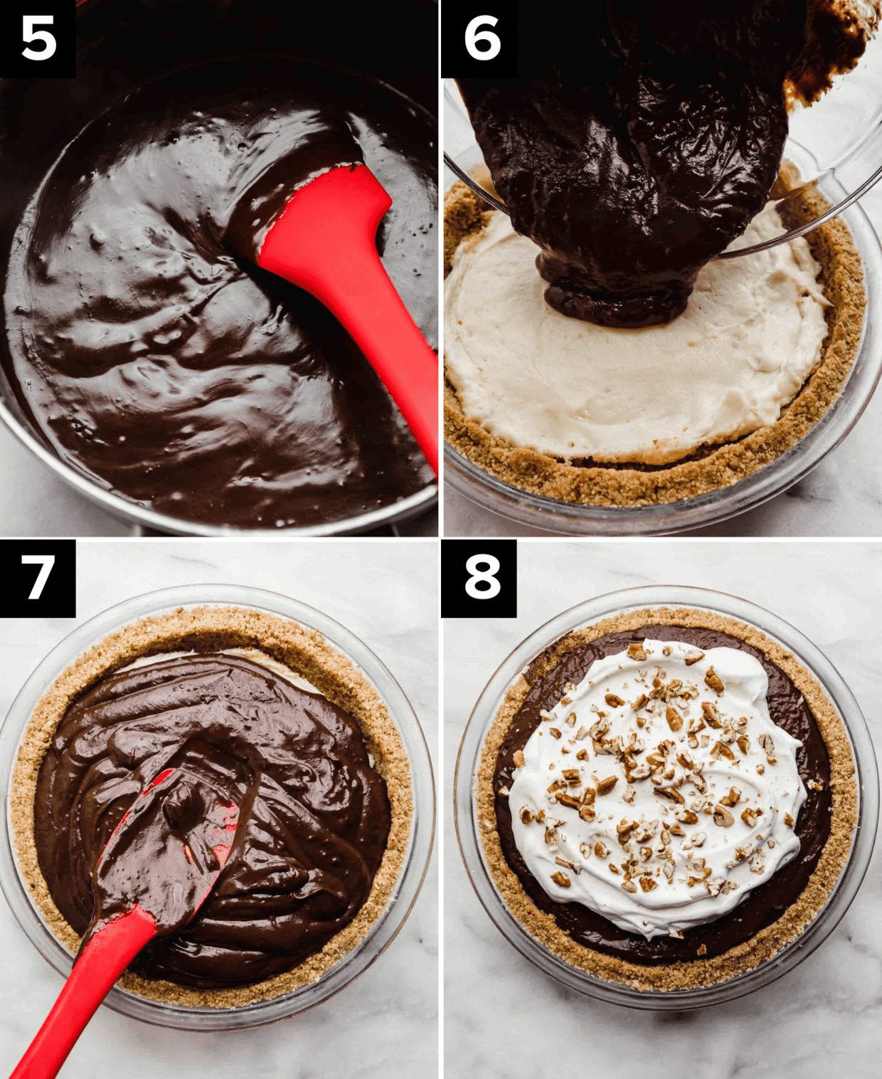 Four images showing Chocolate pudding being poured over a cream cheese filled pie crust, then a red spatula spreading into an even layer, and finally whipped cream with pecan garnish over the chocolate pudding possum pie. 