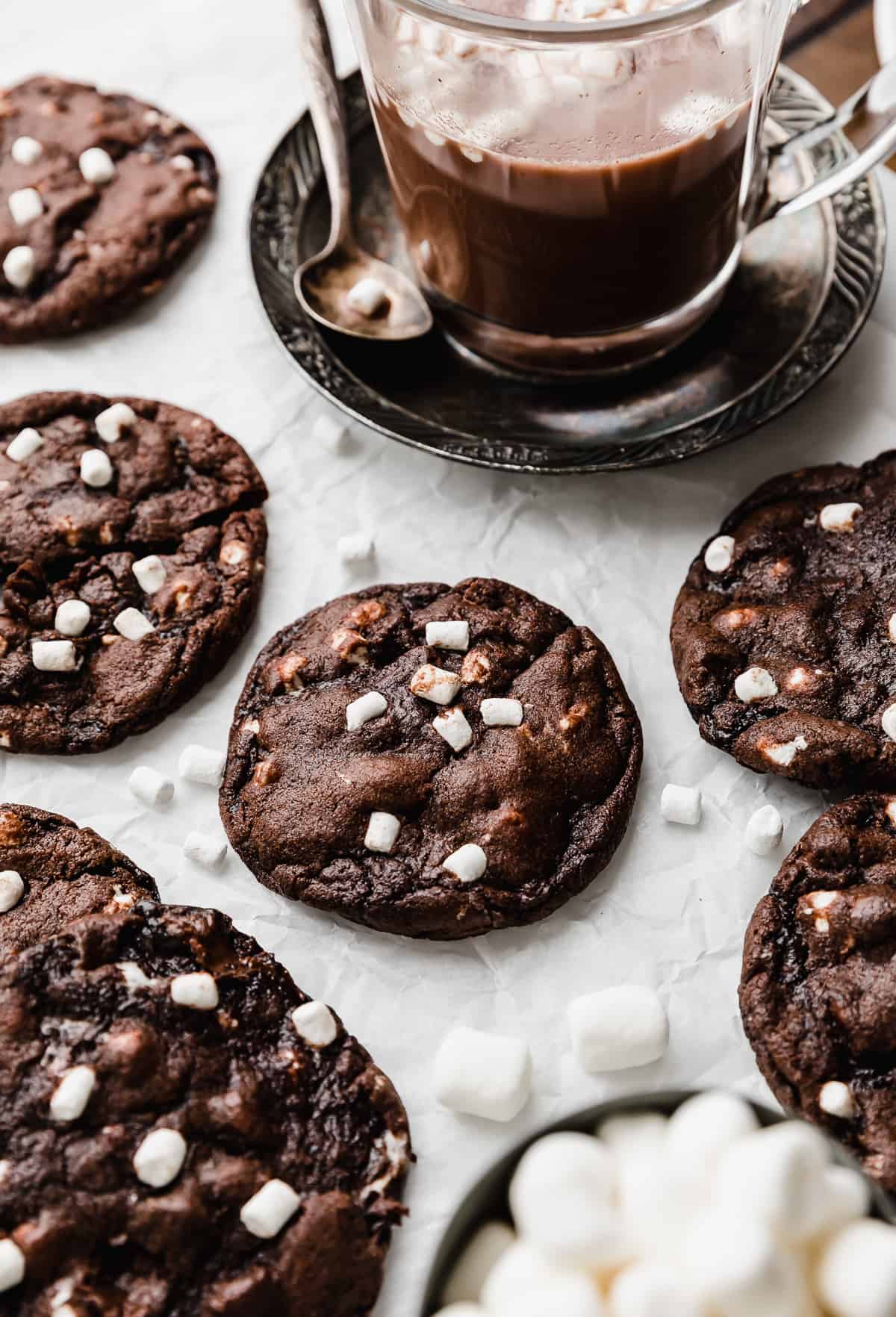 Hot Chocolate Cookies made with marshmallow bits, on a white background with a cup of hot cocoa in the background.