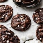 Dehydrated marshmallows on a hot chocolate cookie on a white background.