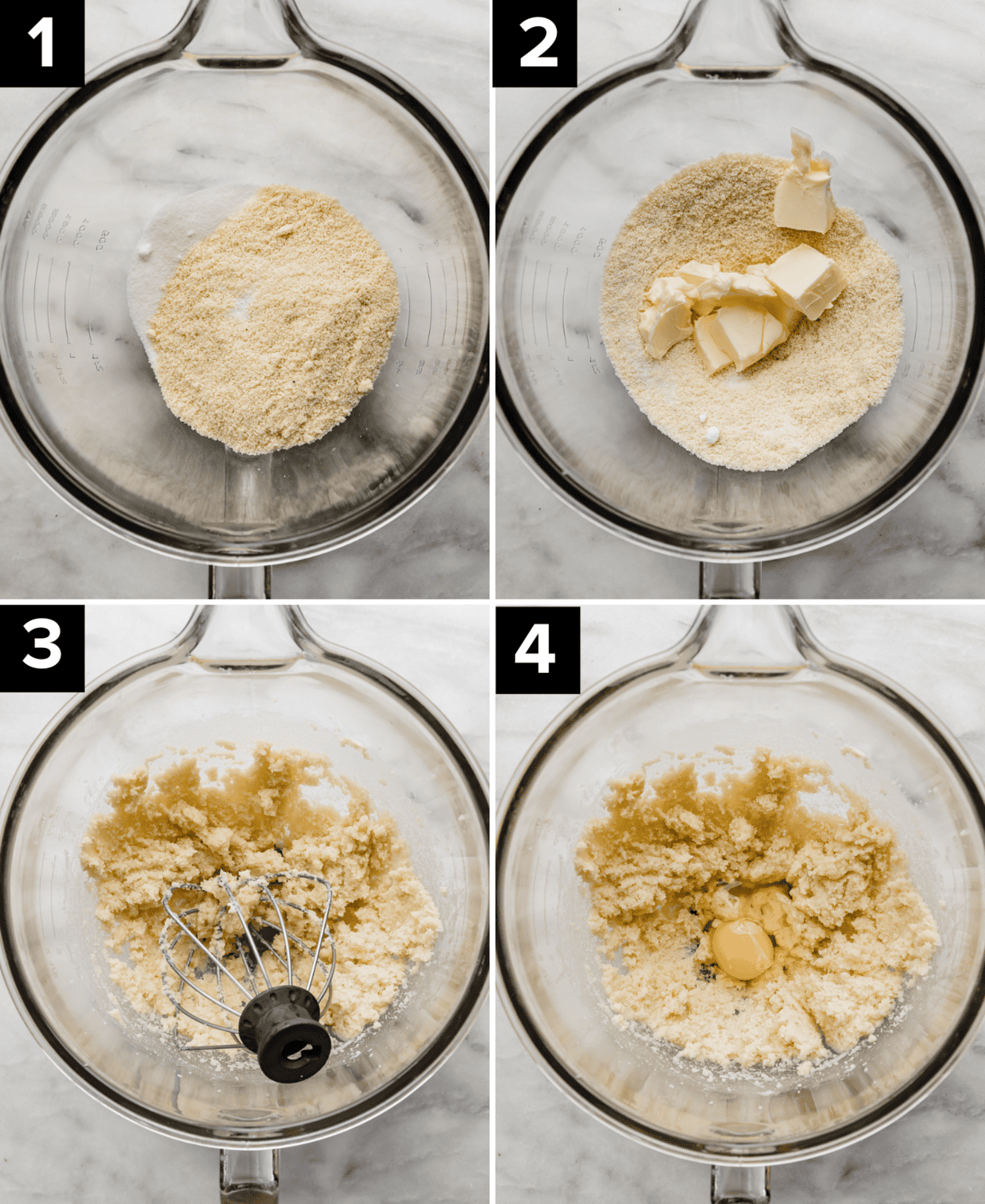 Four images showing how to make Almond Croissants, all images showing a glass bowl with the addition of almond flour, butter, and eggs into the bowl.