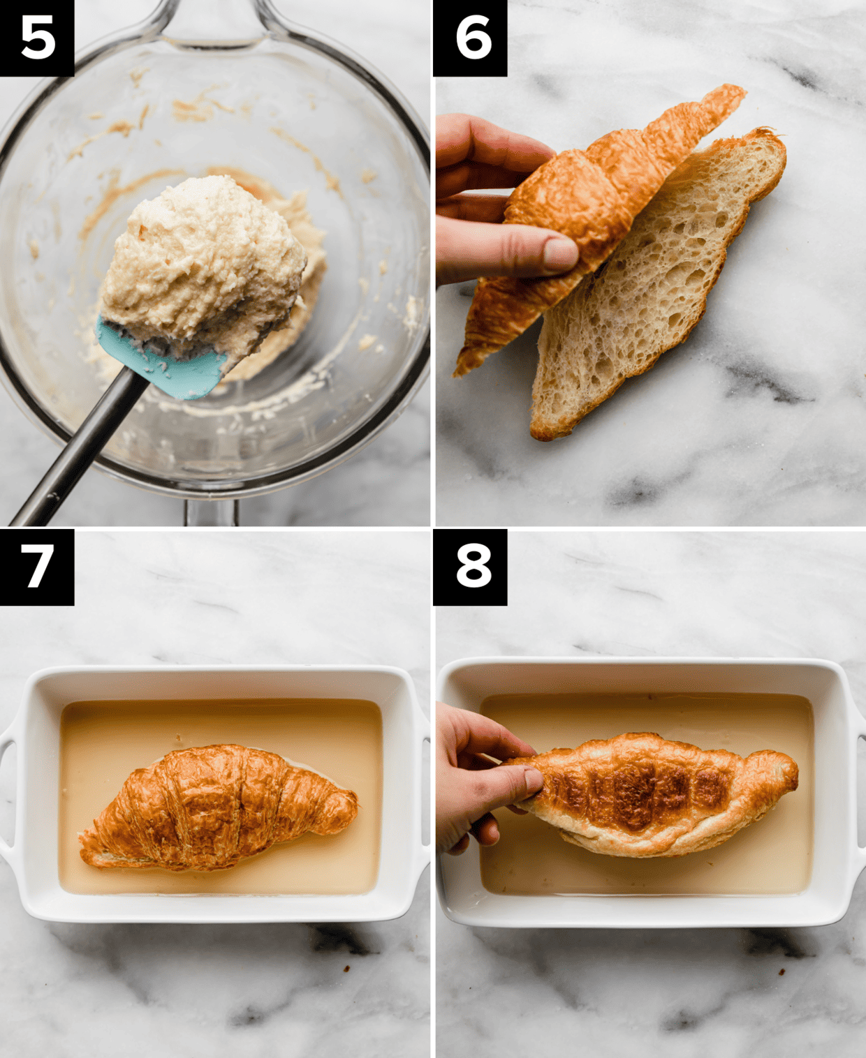 Four images, top left image is creamed light yellow mixture on a blue spatula, top right image is a croissant cut horizontally, bottom two images is a croissant being dipped in a simple syrup that's in a rectangular dish.